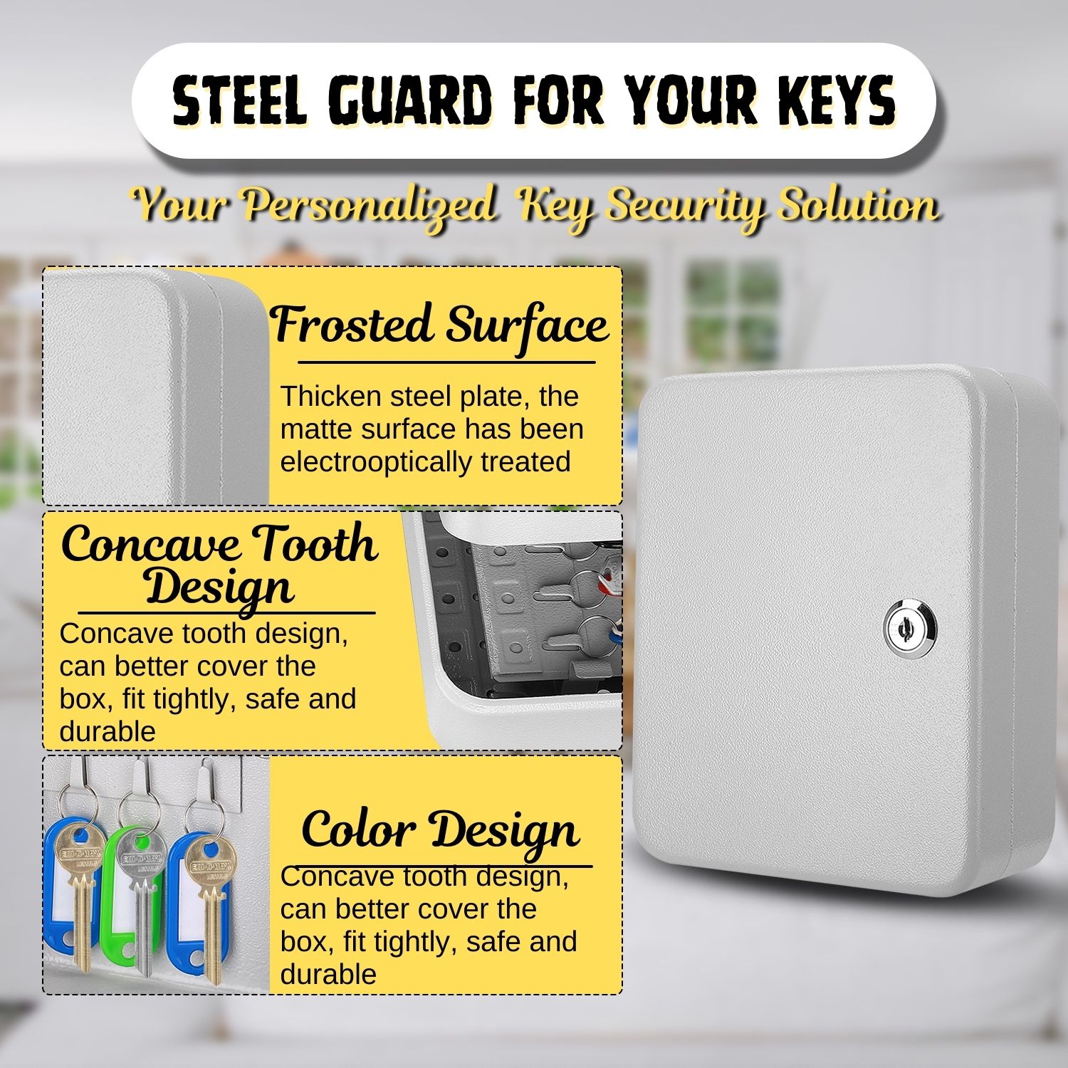Key Steel Lock Box with 40 capacity Colored key Tags & Hooks
