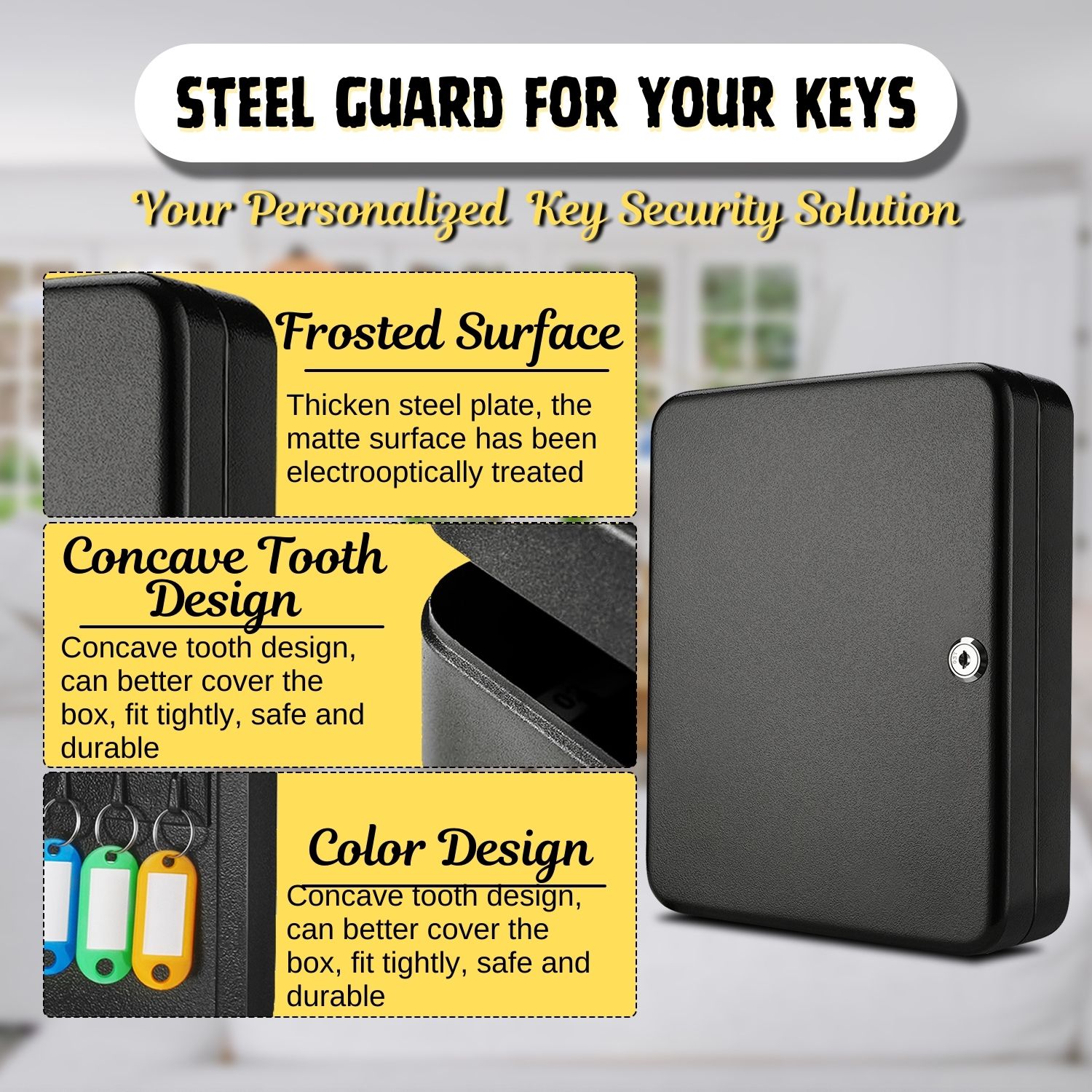 Key Steel Lock Box with 60 capacity Colored key Tags & Hooks