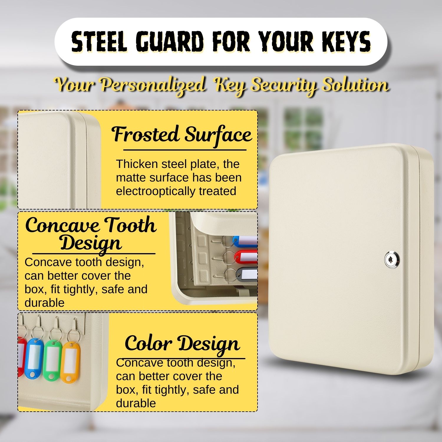 Key Steel Lock Box with 60 capacity Colored key Tags & Hooks