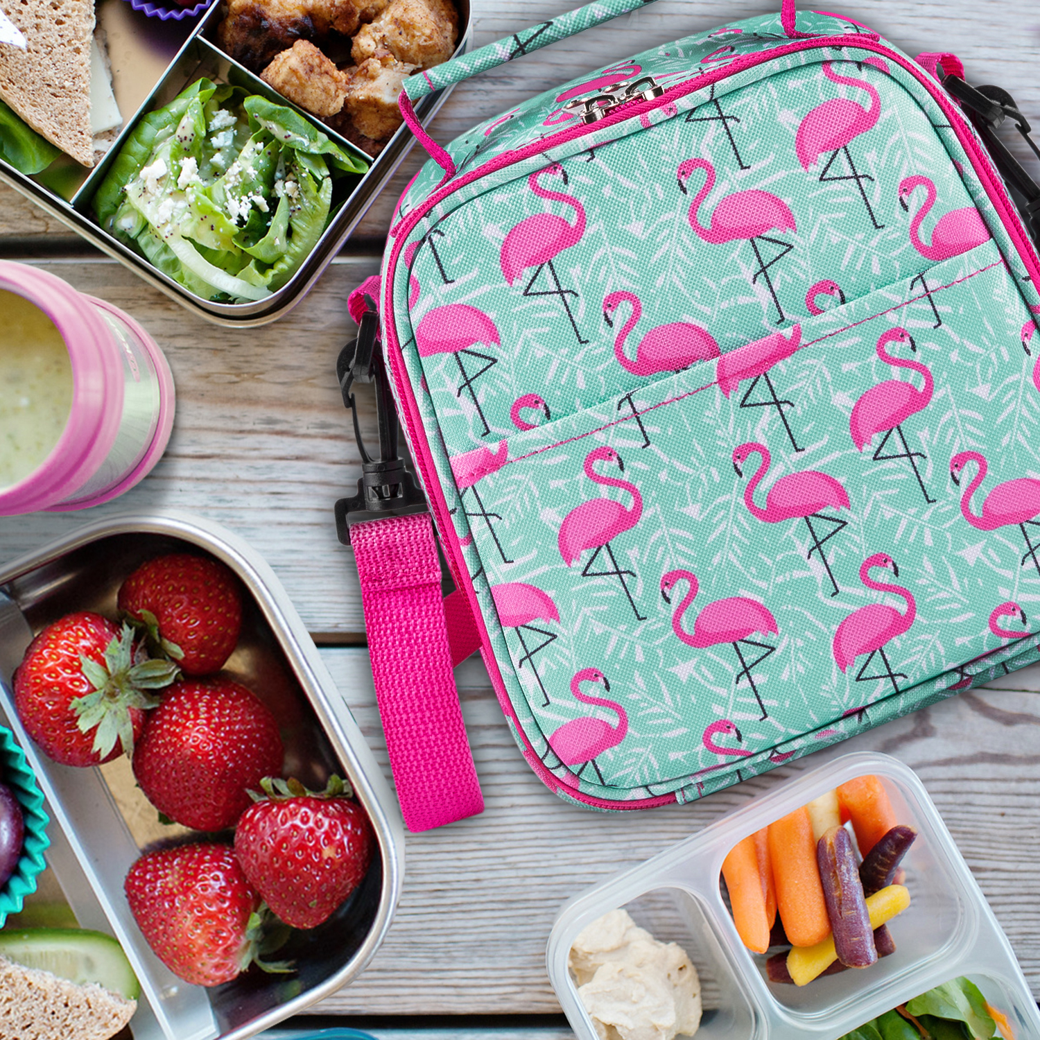 Pink Flamingos Kids Lunch Box Insulated Snack Bag for Boys & Girls