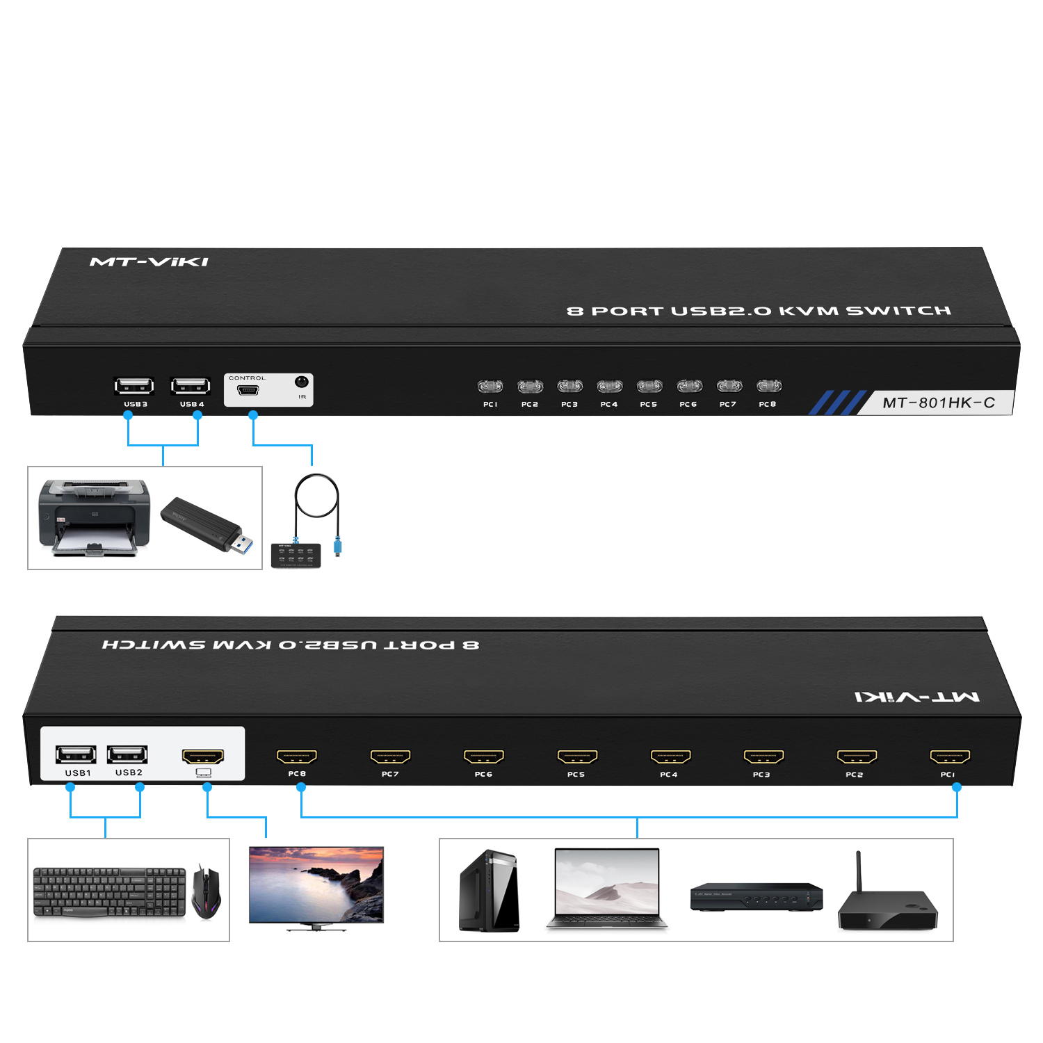 Maximize Productivity - Our 8 port HDMI KVM Switch or USB and HDMI switch boasts 8 HDMI and 4 USB ports, a power-packed combination to help you control and manage multiple computers efficiently