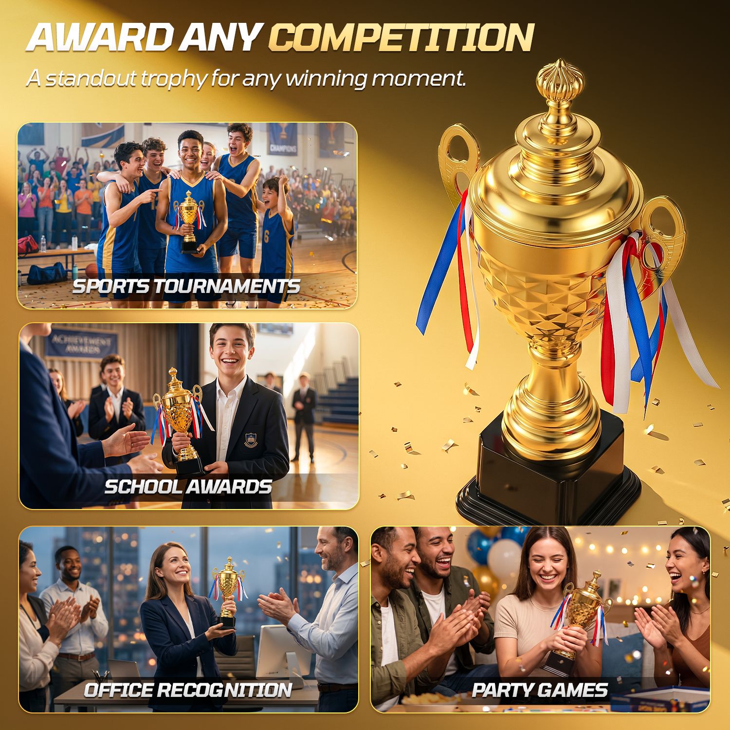 Gold Trophy Award - 14.5 Inch Large Trophy Cup for Awards, Sports, Competitions, Tournaments, & Parties, Perfect Gift for Champion Winners & League Achievements