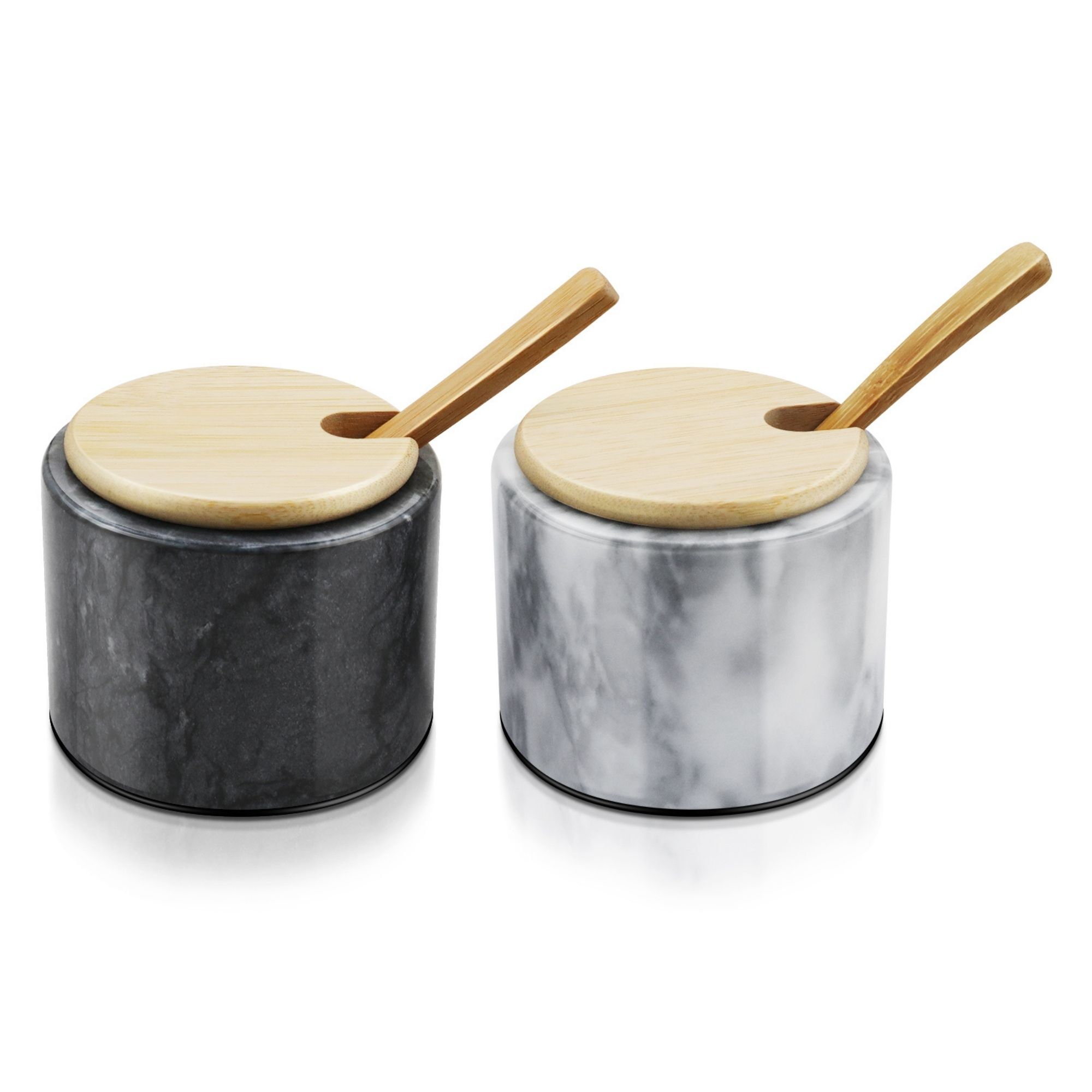 Flexzion Marble Salt Cellar with Lid & Spoon - Anti-Slip Salt and Pepper Bowls Dish Container for Paprika, Herbs, Jewelry, Watches, & Accessories (Set of 2, Black & White)