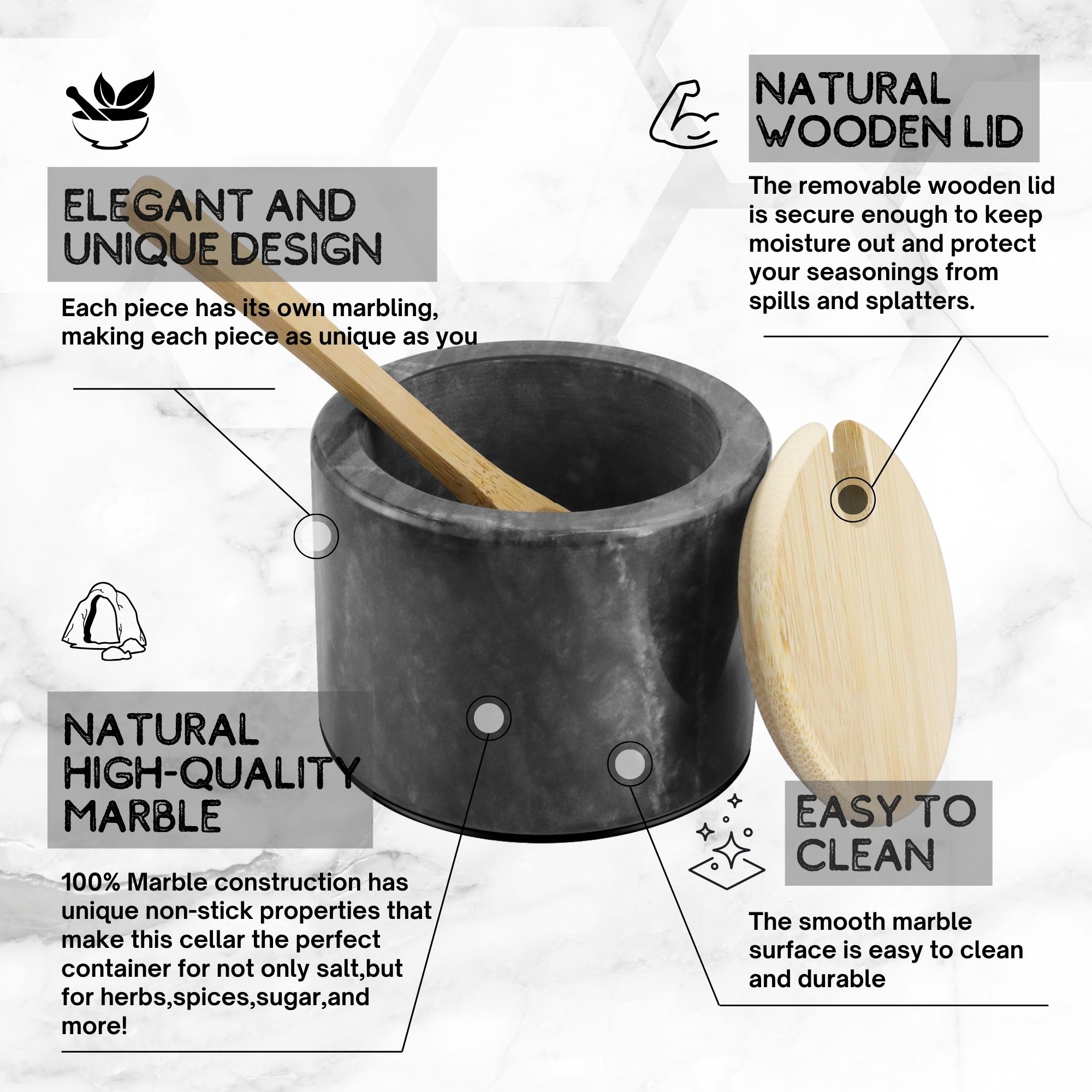 Flexzion Marble Salt Cellar with Lid & Spoon - Anti-Slip Salt and Pepper Bowls Dish Container for Paprika, Herbs, Jewelry, Watches, & Accessories (Set of 2, Black & White)