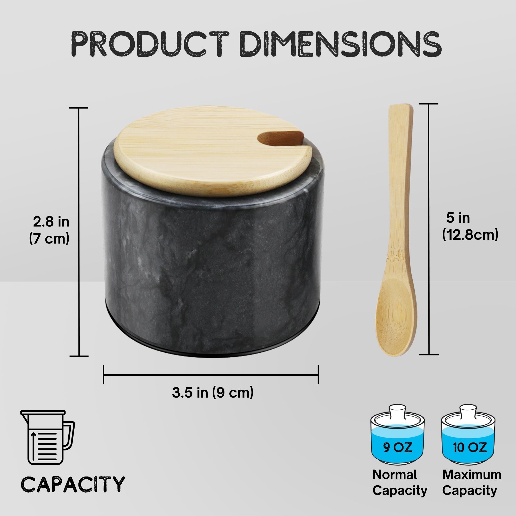 Flexzion Marble Salt Cellar with Lid & Spoon - Anti-Slip Salt and Pepper Bowls Dish Container for Paprika, Herbs, Jewelry, Watches, & Accessories (Set of 2, Black & White)