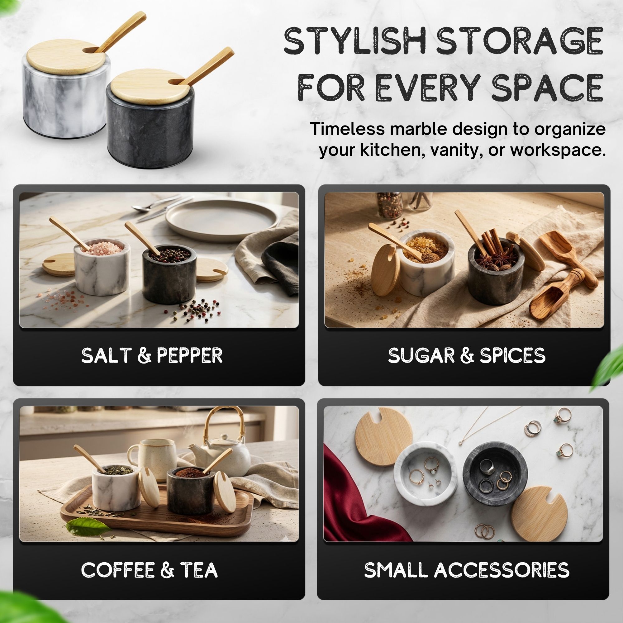 Flexzion Marble Salt Cellar with Lid & Spoon - Anti-Slip Salt and Pepper Bowls Dish Container for Paprika, Herbs, Jewelry, Watches, & Accessories (Set of 2, Black & White)