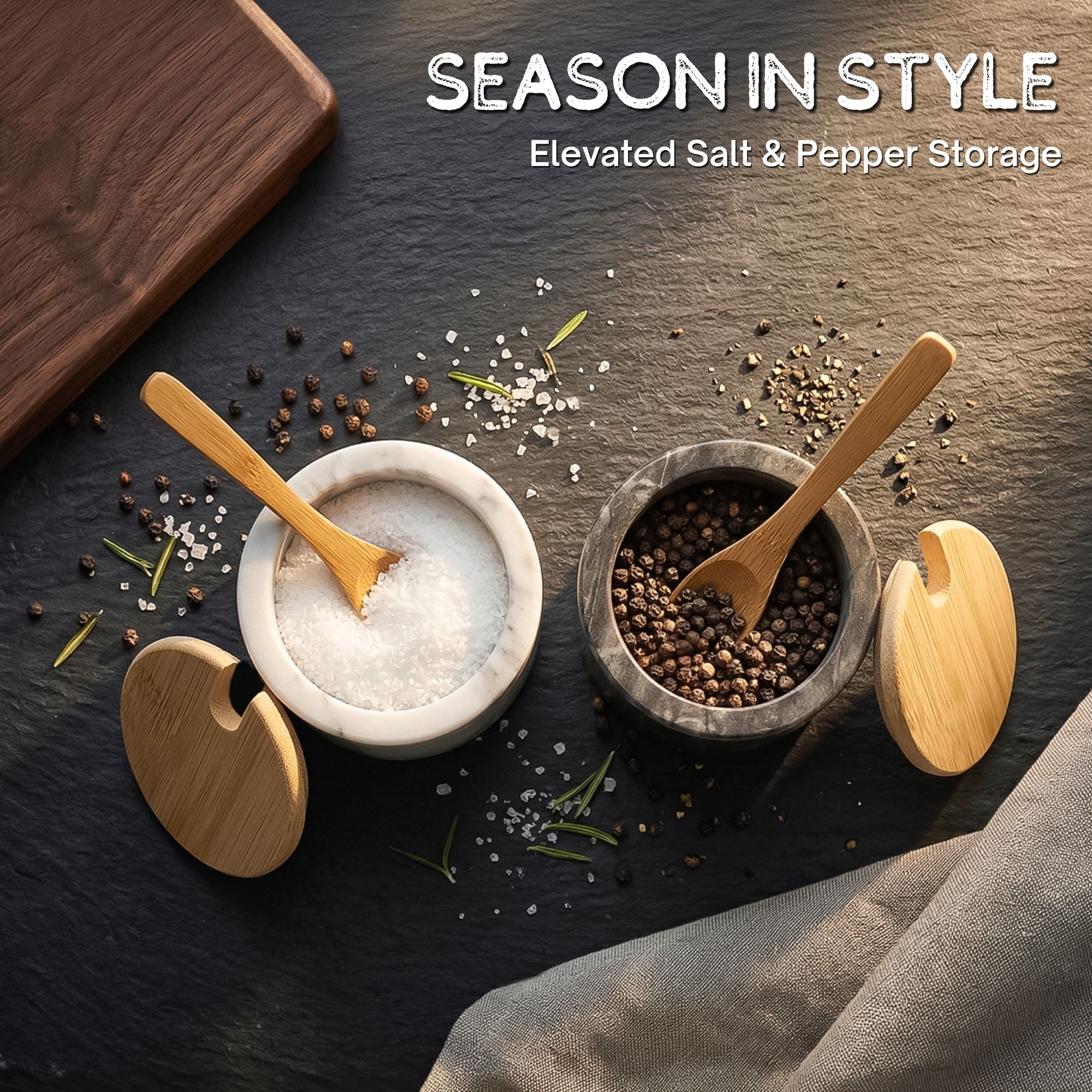 Flexzion Marble Salt Cellar with Lid & Spoon - Anti-Slip Salt and Pepper Bowls Dish Container for Paprika, Herbs, Jewelry, Watches, & Accessories (Set of 2, Black & White)