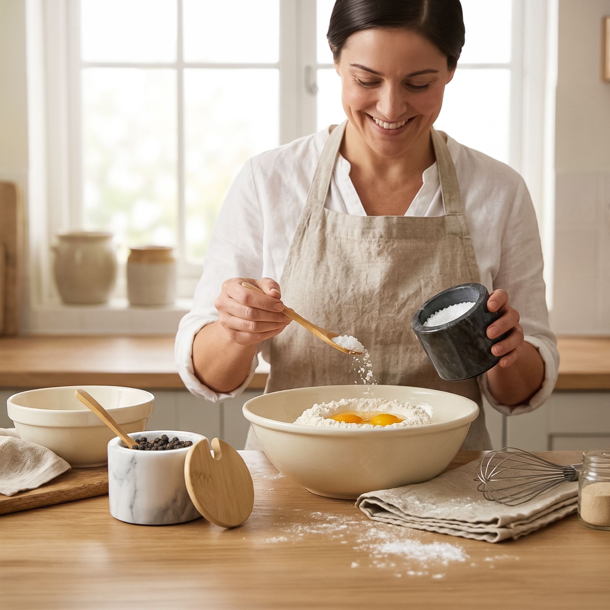 Flexzion Marble Salt Cellar with Lid & Spoon - Anti-Slip Salt and Pepper Bowls Dish Container for Paprika, Herbs, Jewelry, Watches, & Accessories (Set of 2, Black & White)