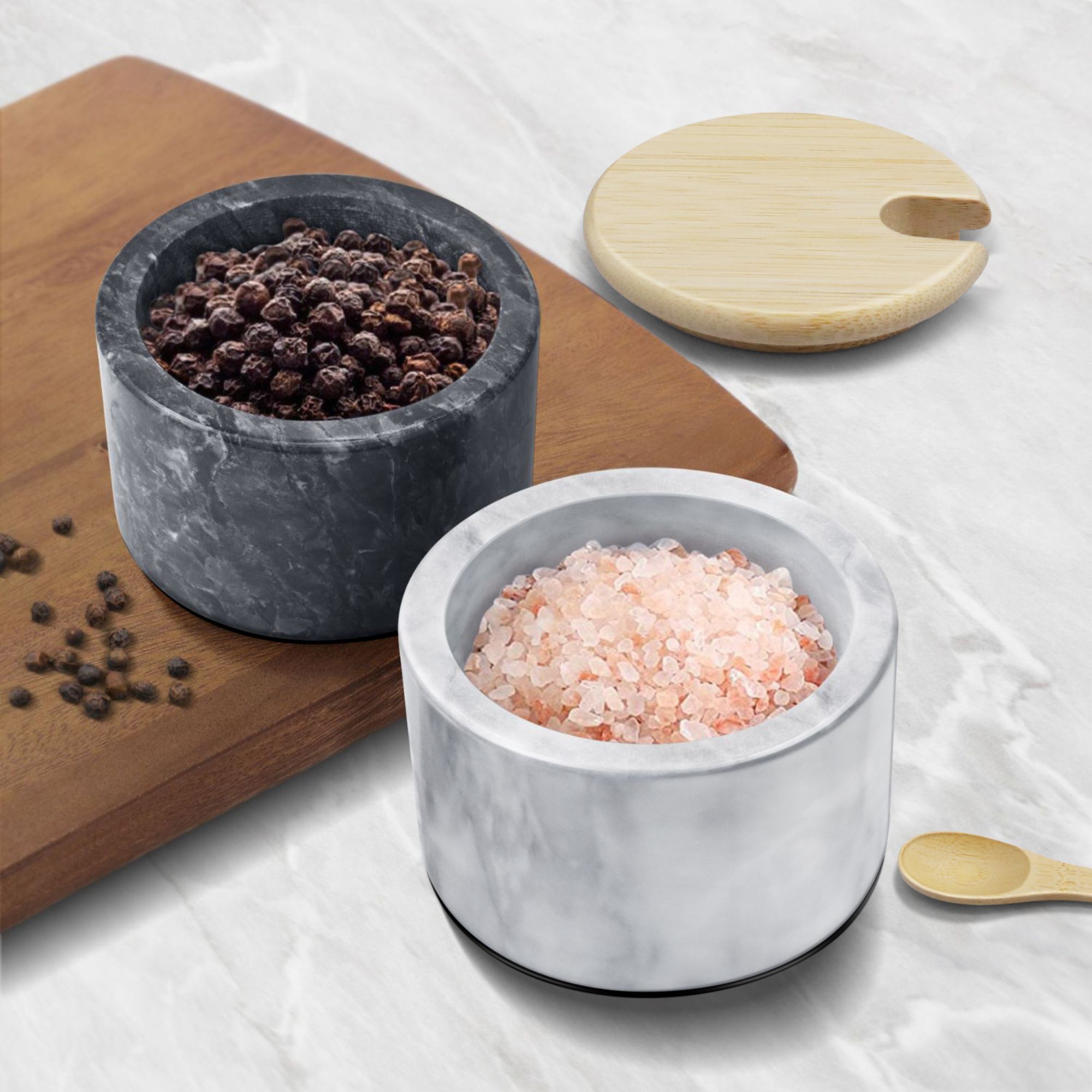 Flexzion Marble Salt Cellar with Lid & Spoon - Anti-Slip Salt and Pepper Bowls Dish Container for Paprika, Herbs, Jewelry, Watches, & Accessories (Set of 2, Black & White)