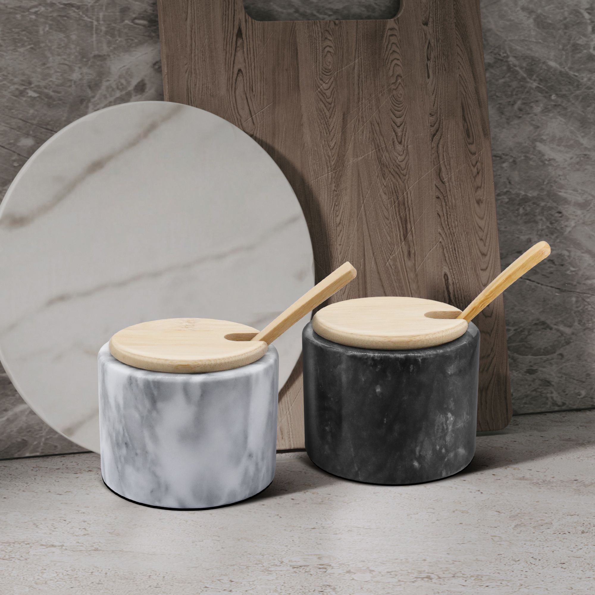 Flexzion Marble Salt Cellar with Lid & Spoon - Anti-Slip Salt and Pepper Bowls Dish Container for Paprika, Herbs, Jewelry, Watches, & Accessories (Set of 2, Black & White)