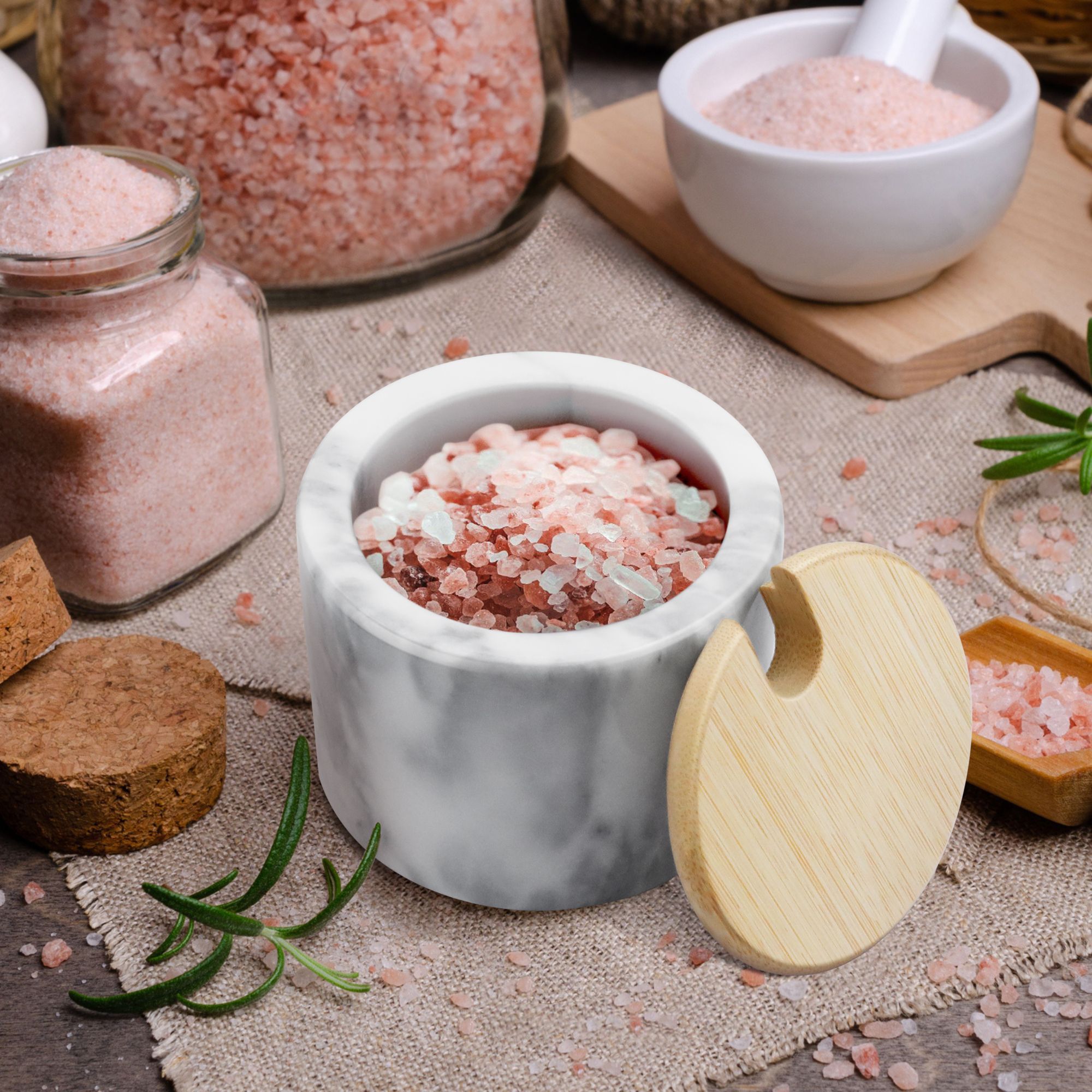 Flexzion Marble Salt Cellar with Lid & Spoon - Anti-Slip Salt and Pepper Bowls Dish Container for Paprika, Herbs, Jewelry, Watches, & Accessories (Set of 2, Black & White)