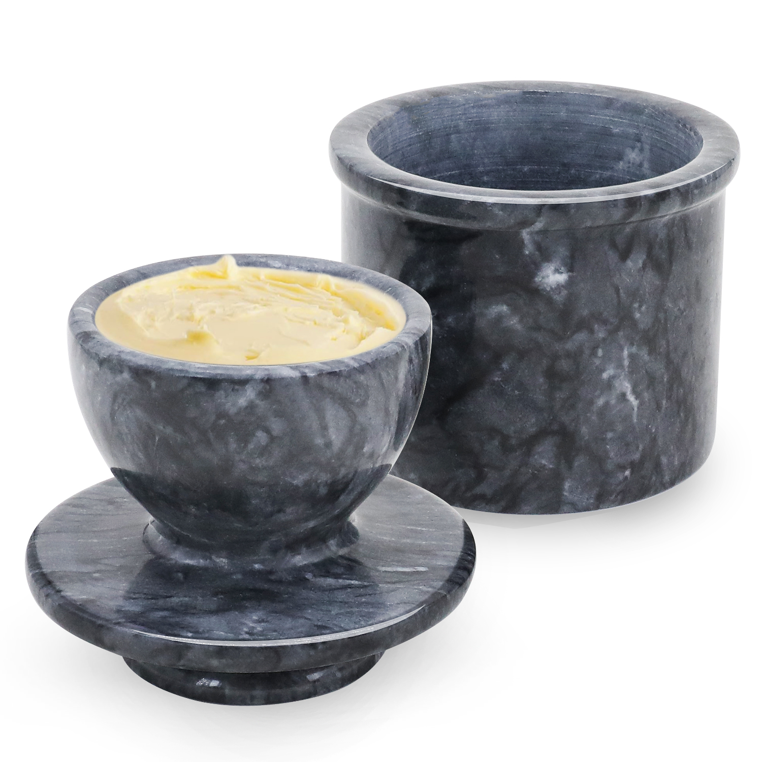 Flexzion Marble Butter Crock with Lid - Ceramic French Butter Crock for Counter with Water Line for Kitchen, Home Decor and House Warming Gift, Black