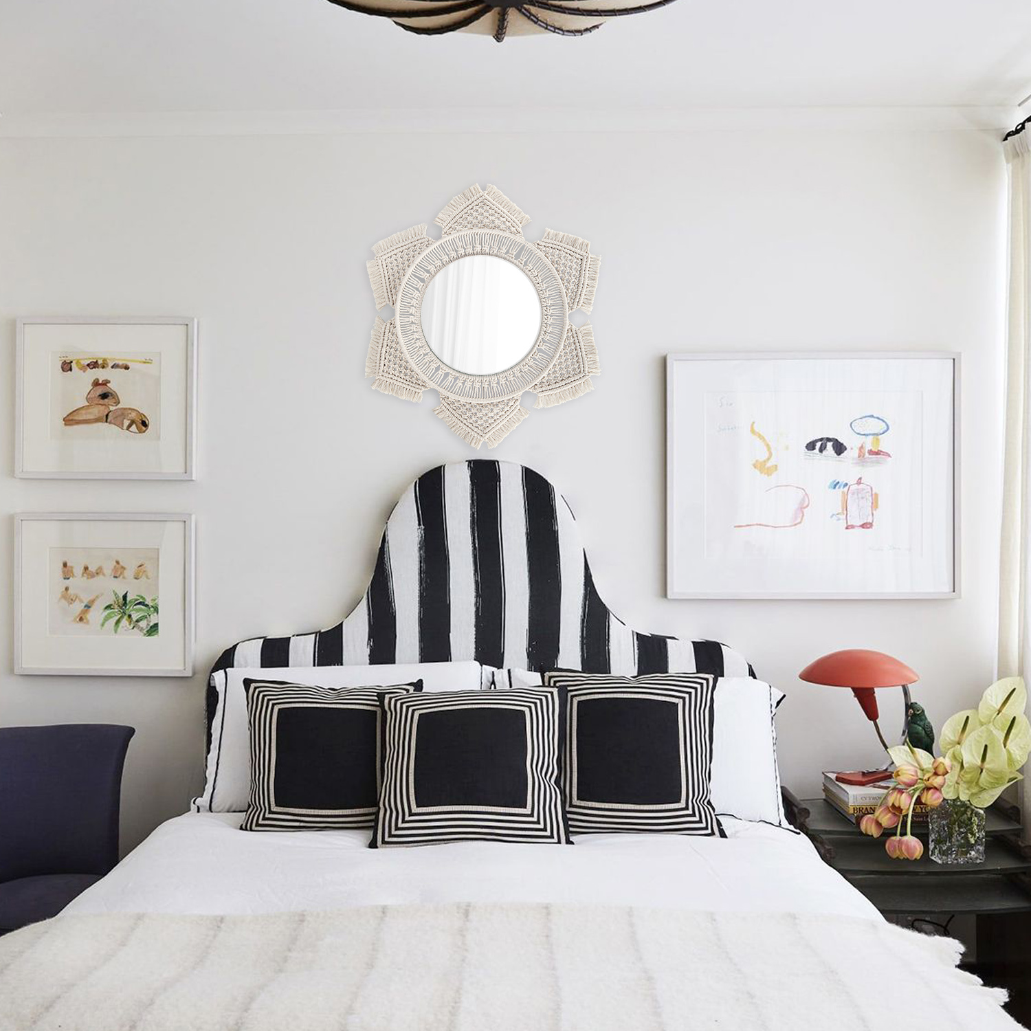 Gorgeous Minimalist Design: Unique macrame mirror a great way to add utility to a vertical space! Symmetrical geometric wall mirror will draw anyone&rsquo;s eyes to it, a great conversation starter and an elegant centerpiece of a wall room.