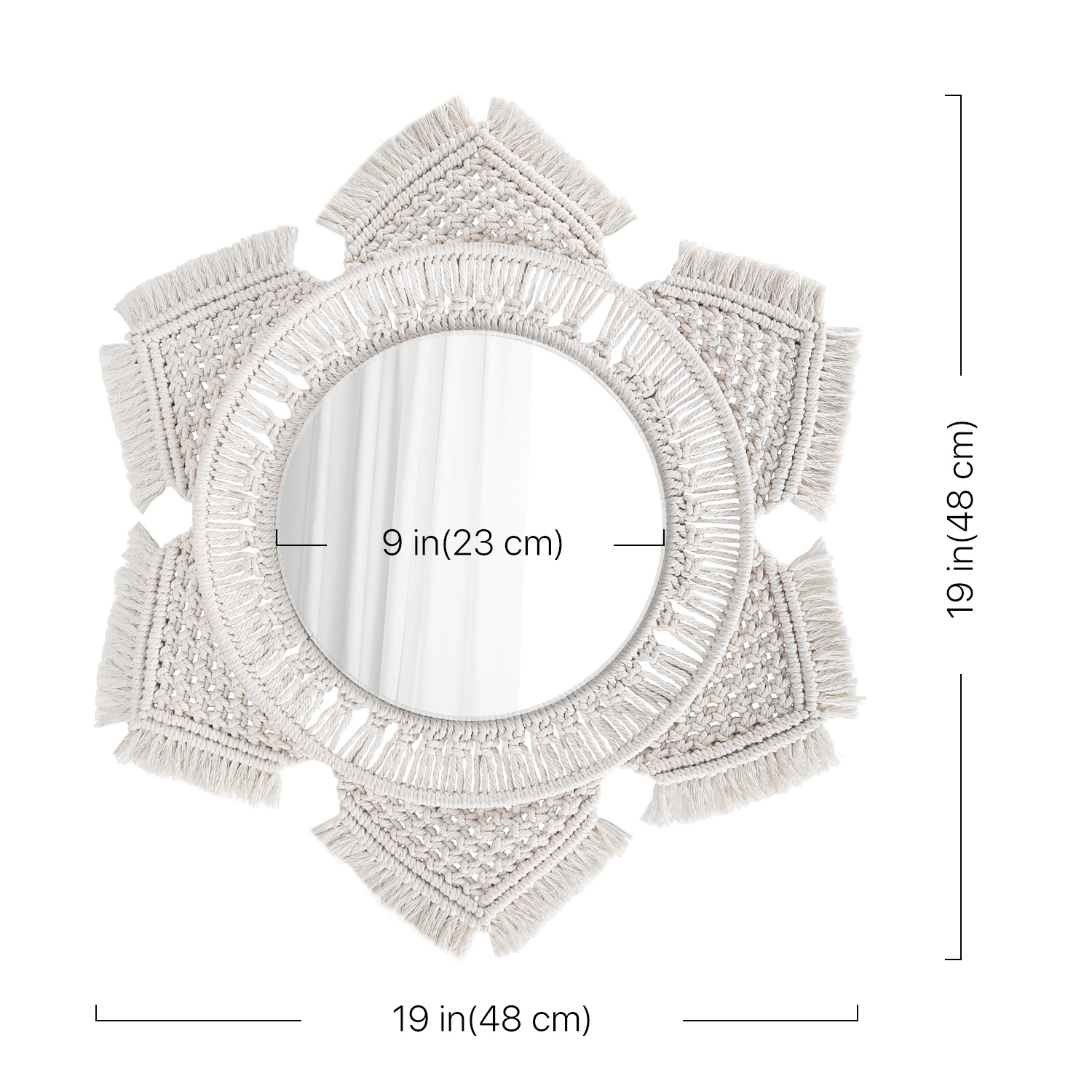 Size: Total of 20"/ 51cm in diameter including sunburst fringe with a 9"/23cm polished mirror at its center. A perfect size for both using and as a decorative piece. Made with great craftsmanship and attention