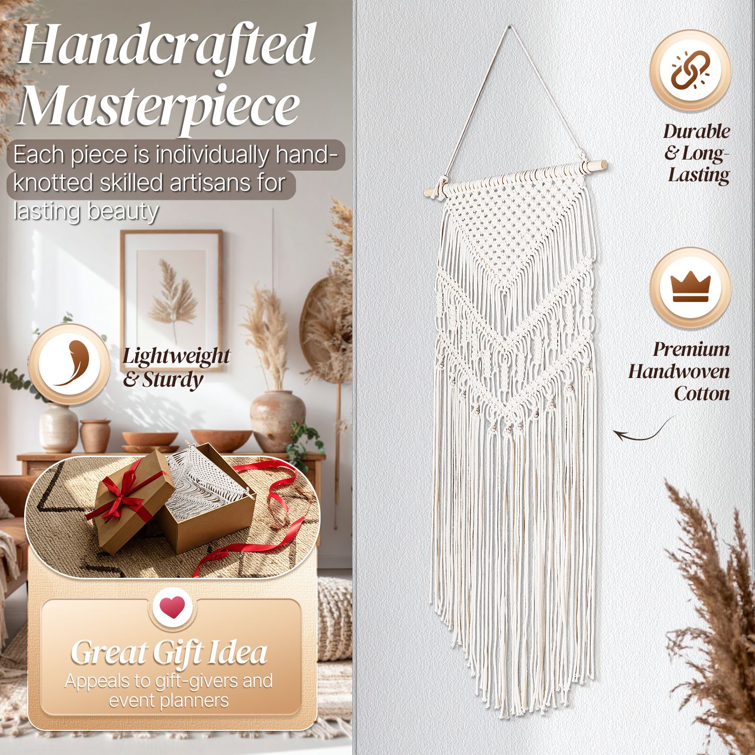 Premium Materials and Detail - Hand-woven macrame tapestry natural cotton weaves are tough with artistic mesmerizing knots and patterns. Meticulously handcrafted, as an eye-catching work of art. It's a perfect gift for friends and family