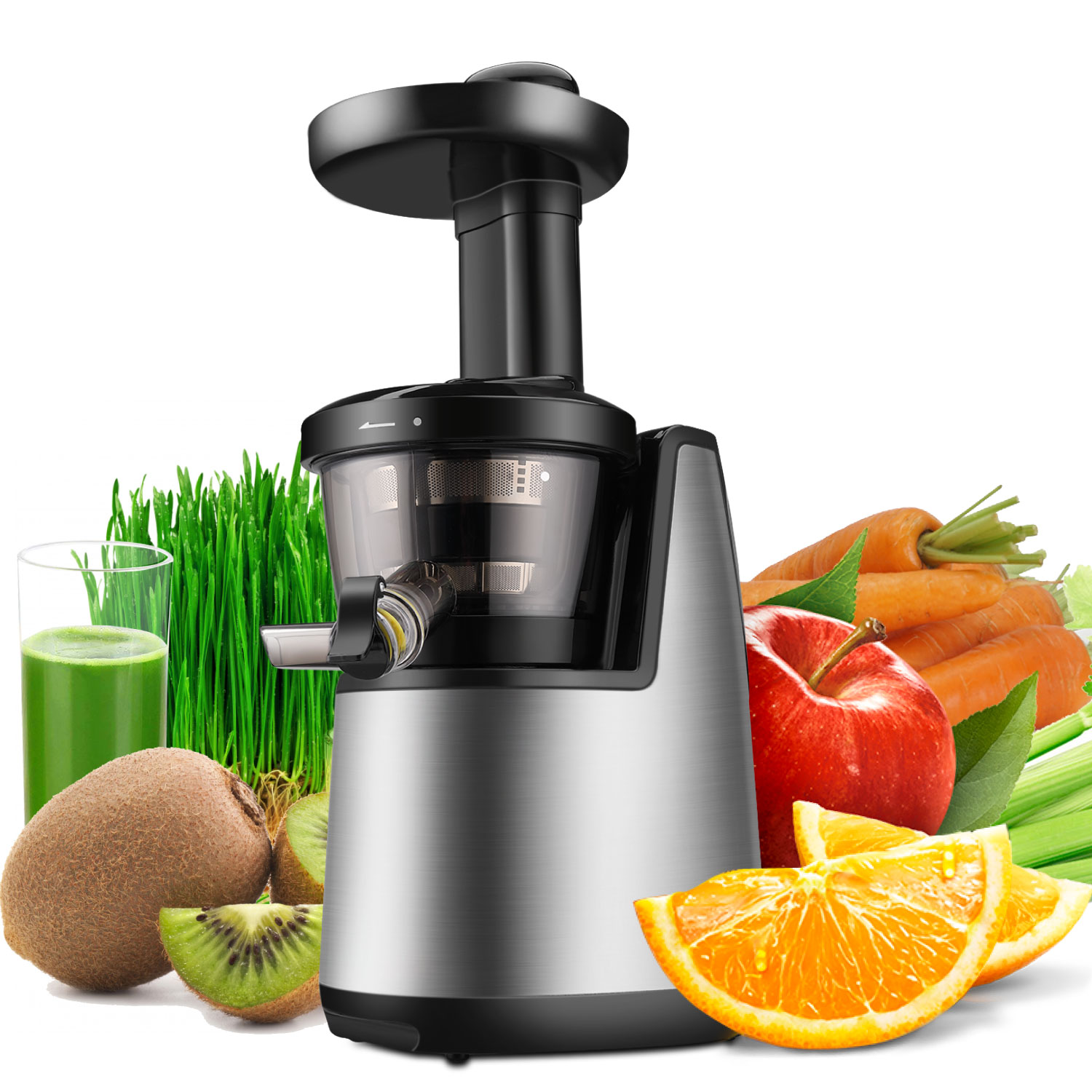 Cold Press Juicer Machine -  Masticating Juicer Slow Juice Extractor Maker Electric Juicing Vertical Stand for Fruit, Vegetable, Greens, Wheat Grass & More with Big Cup & Juicing Bowl