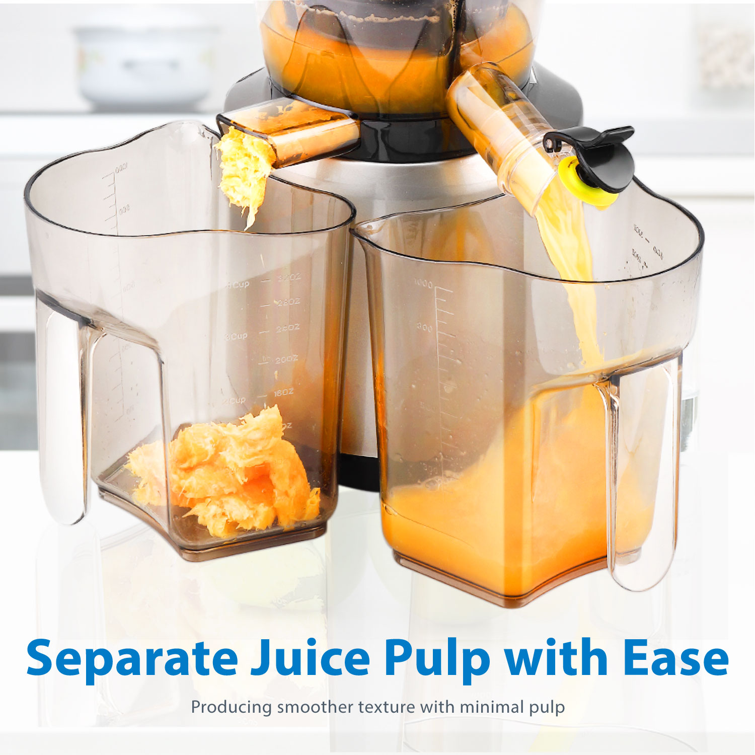 Wide mouth feed tube to accommodate most produce whole; juice without precutting. Multi purpose juicer works with both fruits and vegetables; Support continuous juicing with automatic pulp ejection with separate juice outlet and pulp outlet