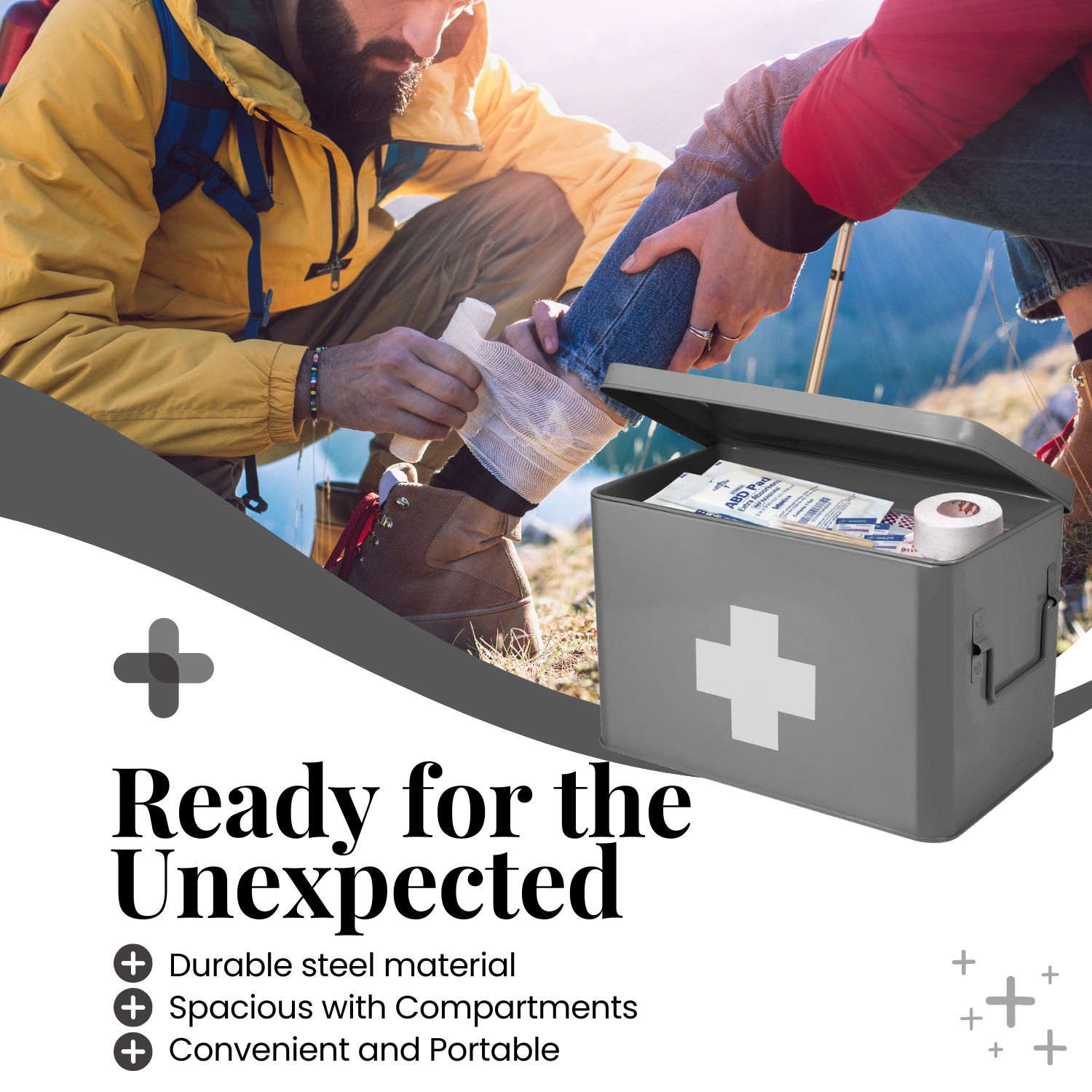 Compact and Portable - These first aid bins space-saving design allows them to fit into any space. Comes with a lid to keep medical supplies safe and protected; two side handles for easy portability