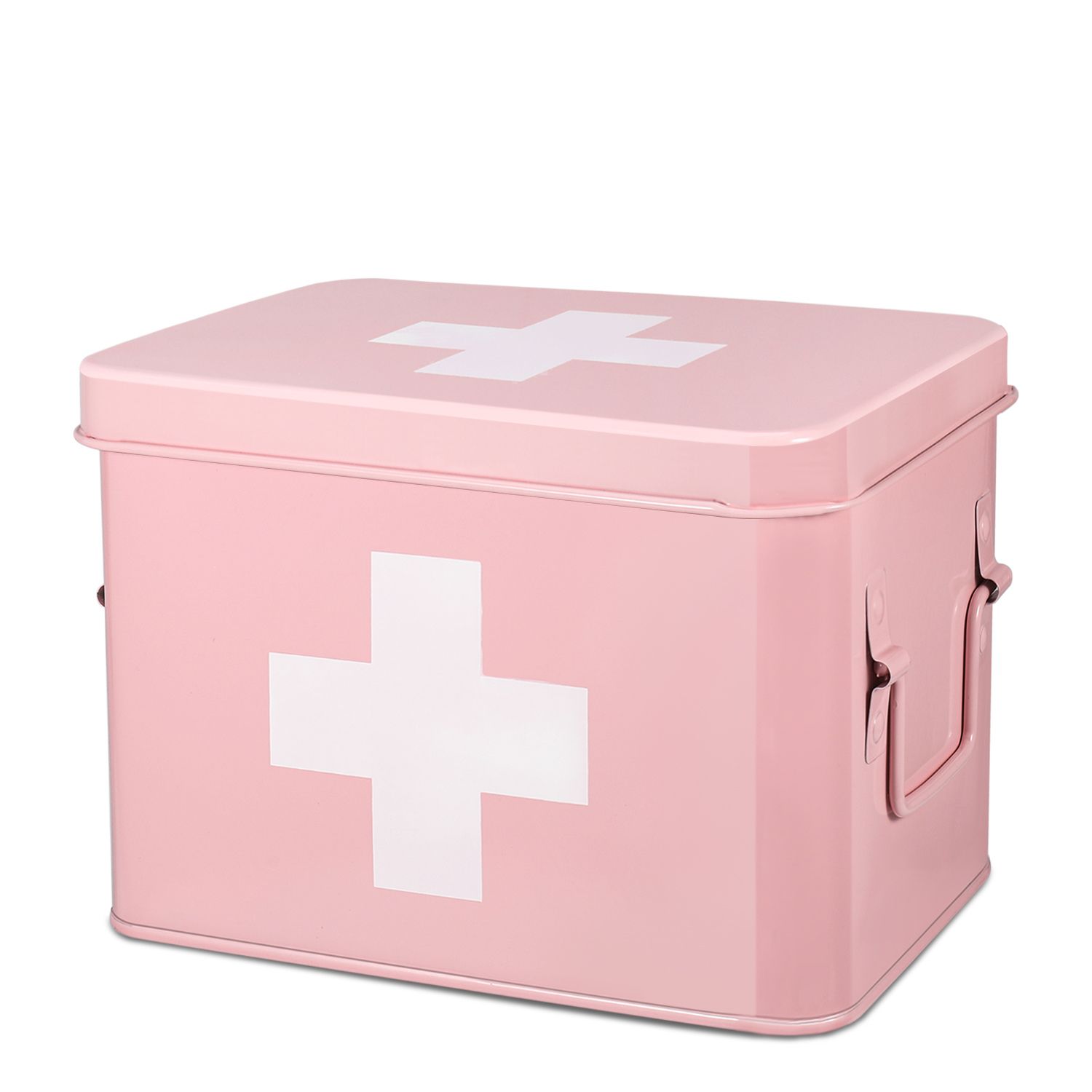 First Aid Medicine Box Supplies Kit Organizer - 8.6" Pink Metal Tin Medic Bin Hard Case with Removable Tray, Handle, Storage Compartment, Vintage Antique Empty Boxes for Home Family Emergency Tool Set