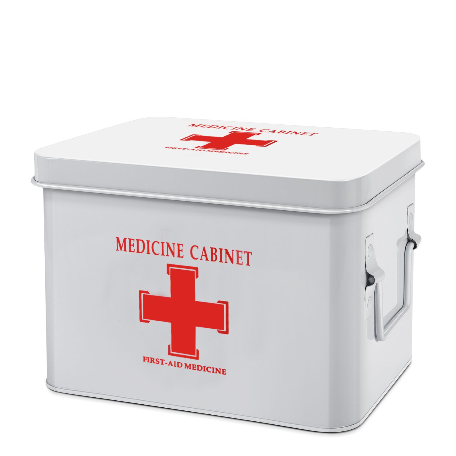 First Aid Medicine Box Supplies Kit Organizer - 8.5" White Metal Tin Medic Bin Hard Case with Removable Tray Handle Storage Compartment, Vintage Antique Empty Boxes for Home Family Emergency Tool Set