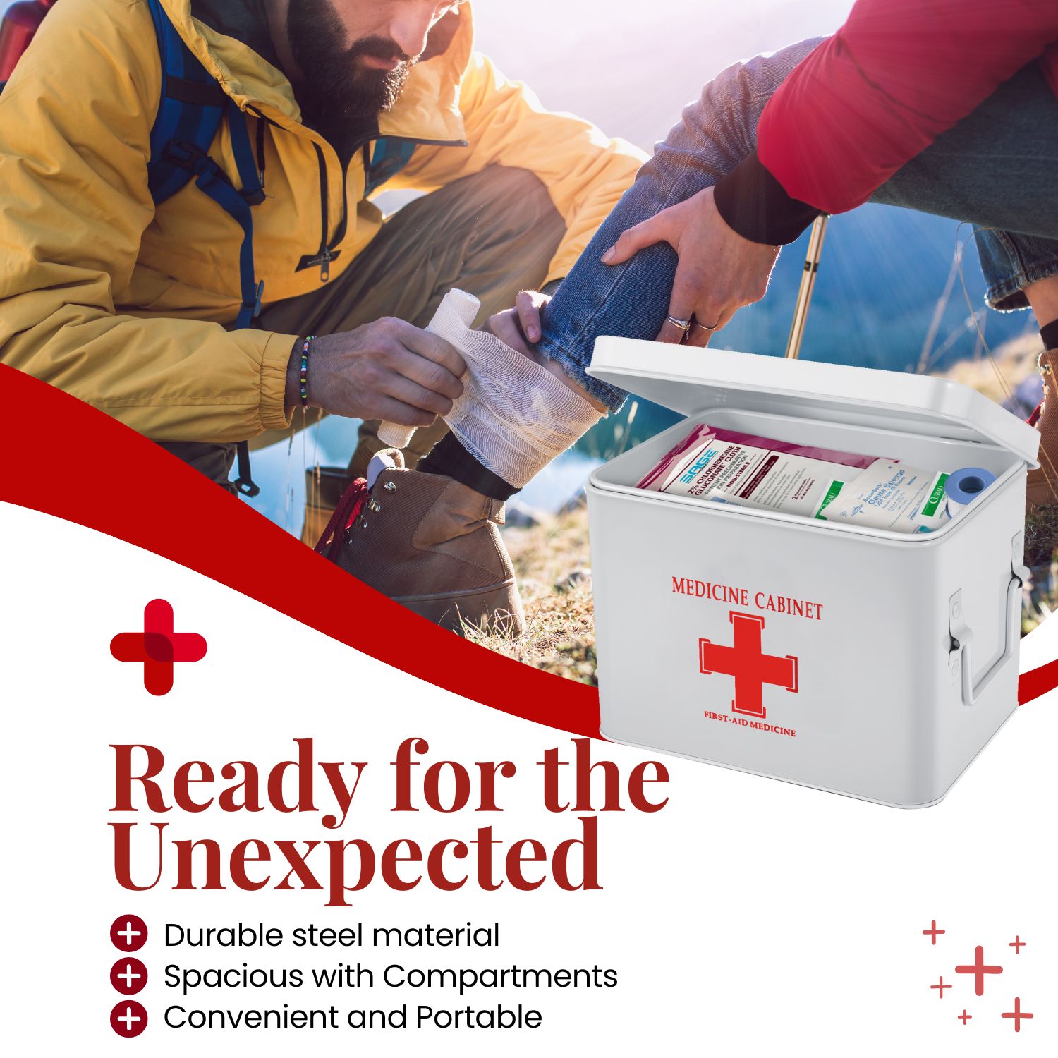 Compact and Portable - These first aid bins space-saving design allows them to fit into any space Comes with a lid to keep medical supplies safe and protected; two side handles for easy portability