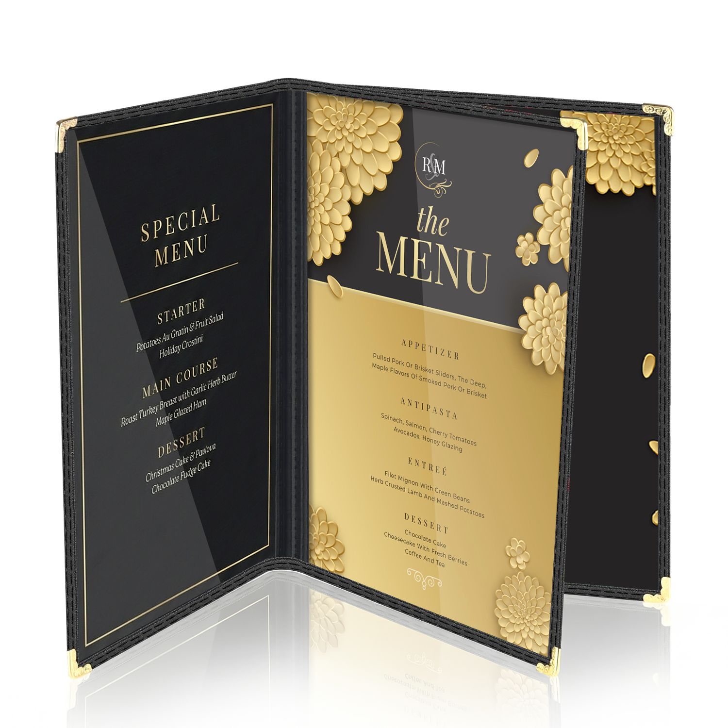 Flexzion Restaurant Menu Covers 8.5 x 11 Inch (1 Pack) - Book Style Bar Menu Holder with 3 Page 6 View - Transparent Clear Menu Book Covers with Gold Metal Corner  for Restaurant, Hotel, Cafe