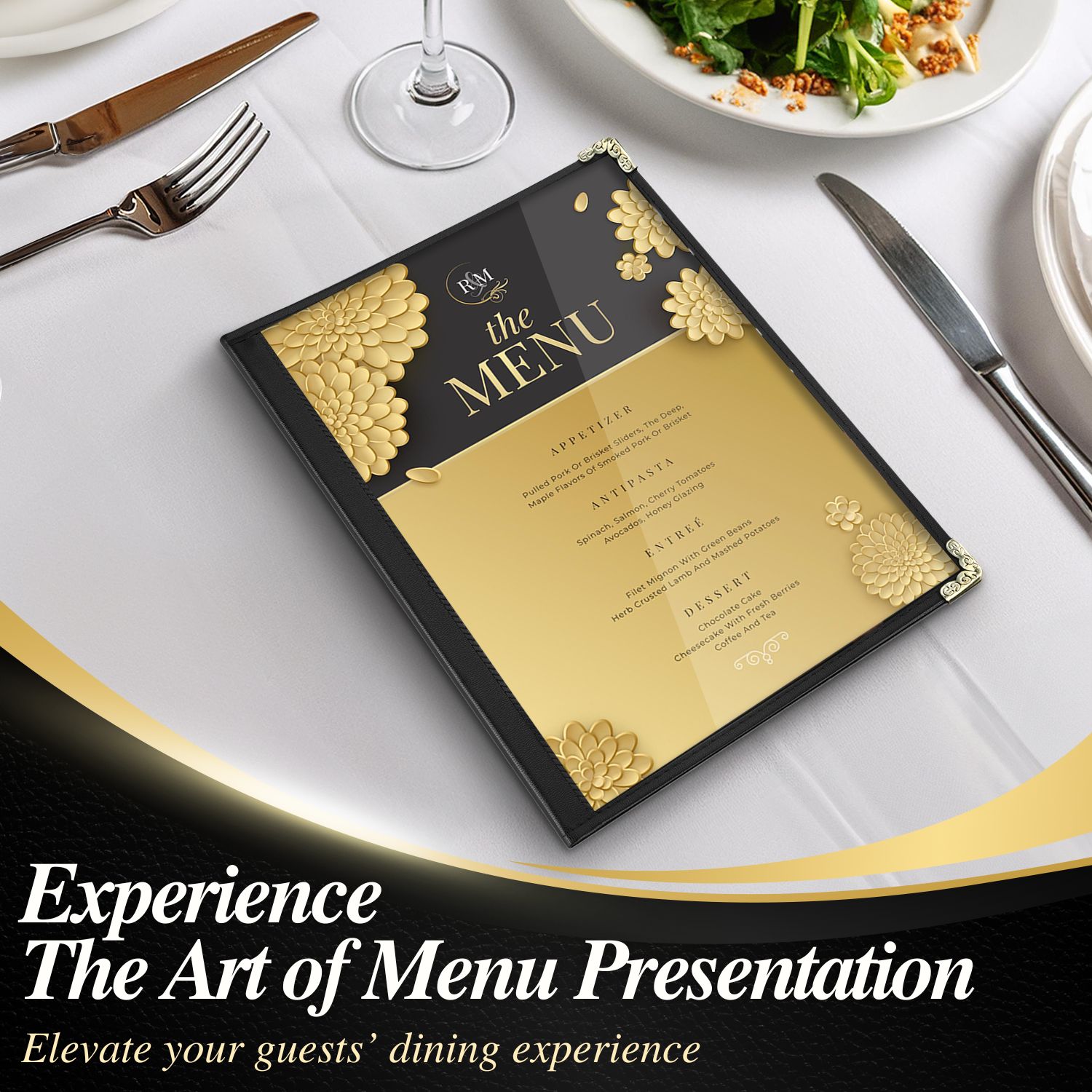 Flexzion Restaurant Menu Covers 8.5 x 11 Inch (1 Pack) - Book Style Bar Menu Holder with 3 Page 6 View - Transparent Clear Menu Book Covers with Gold Metal Corner  for Restaurant, Hotel, Cafe