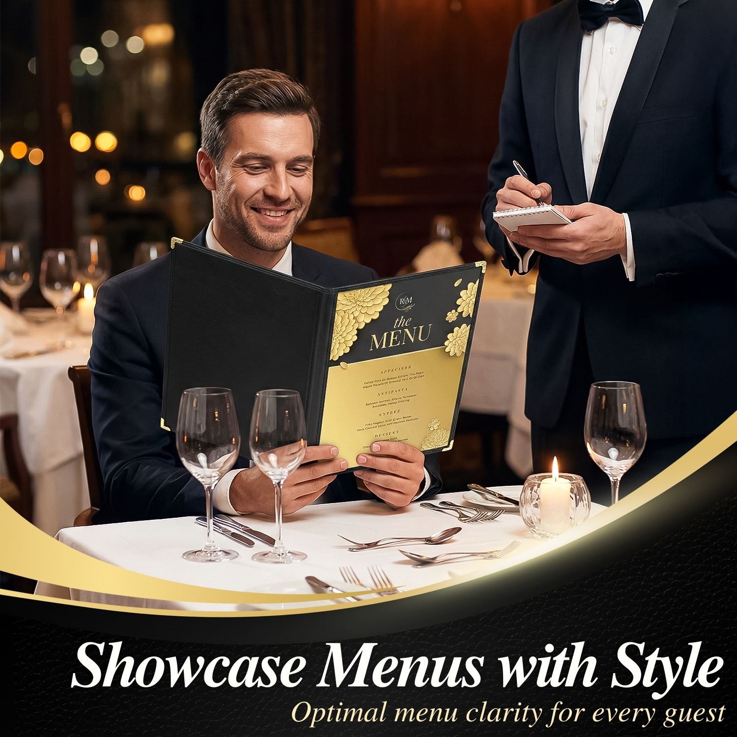 Flexzion Restaurant Menu Covers 8.5 x 11 Inch (1 Pack) - Book Style Bar Menu Holder with 3 Page 6 View - Transparent Clear Menu Book Covers with Gold Metal Corner  for Restaurant, Hotel, Cafe