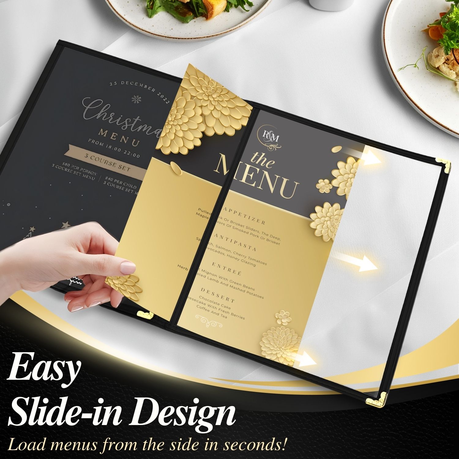 Flexzion Restaurant Menu Covers 8.5 x 11 Inch (1 Pack) - Book Style Bar Menu Holder with 3 Page 6 View - Transparent Clear Menu Book Covers with Gold Metal Corner  for Restaurant, Hotel, Cafe