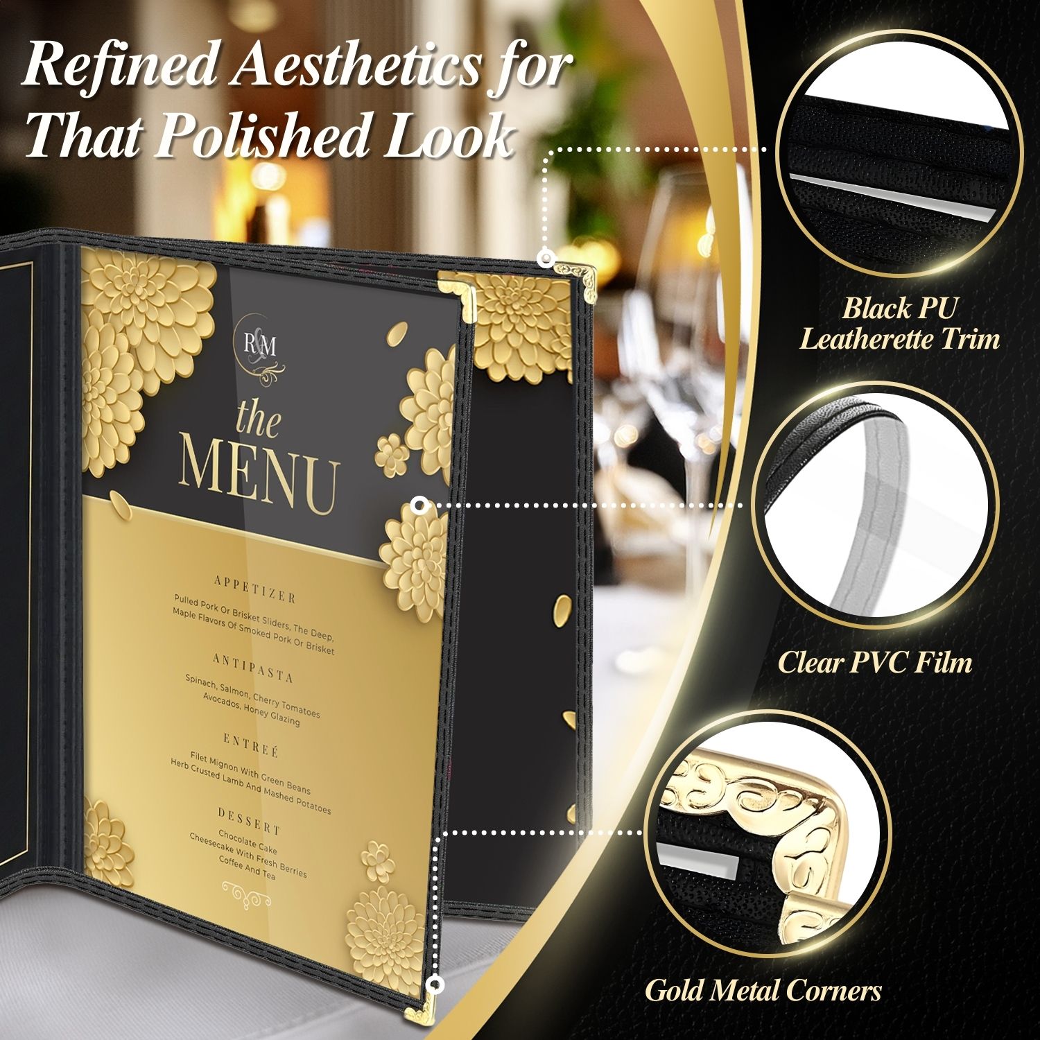 Flexzion Restaurant Menu Covers 8.5 x 11 Inch (1 Pack) - Book Style Bar Menu Holder with 3 Page 6 View - Transparent Clear Menu Book Covers with Gold Metal Corner  for Restaurant, Hotel, Cafe
