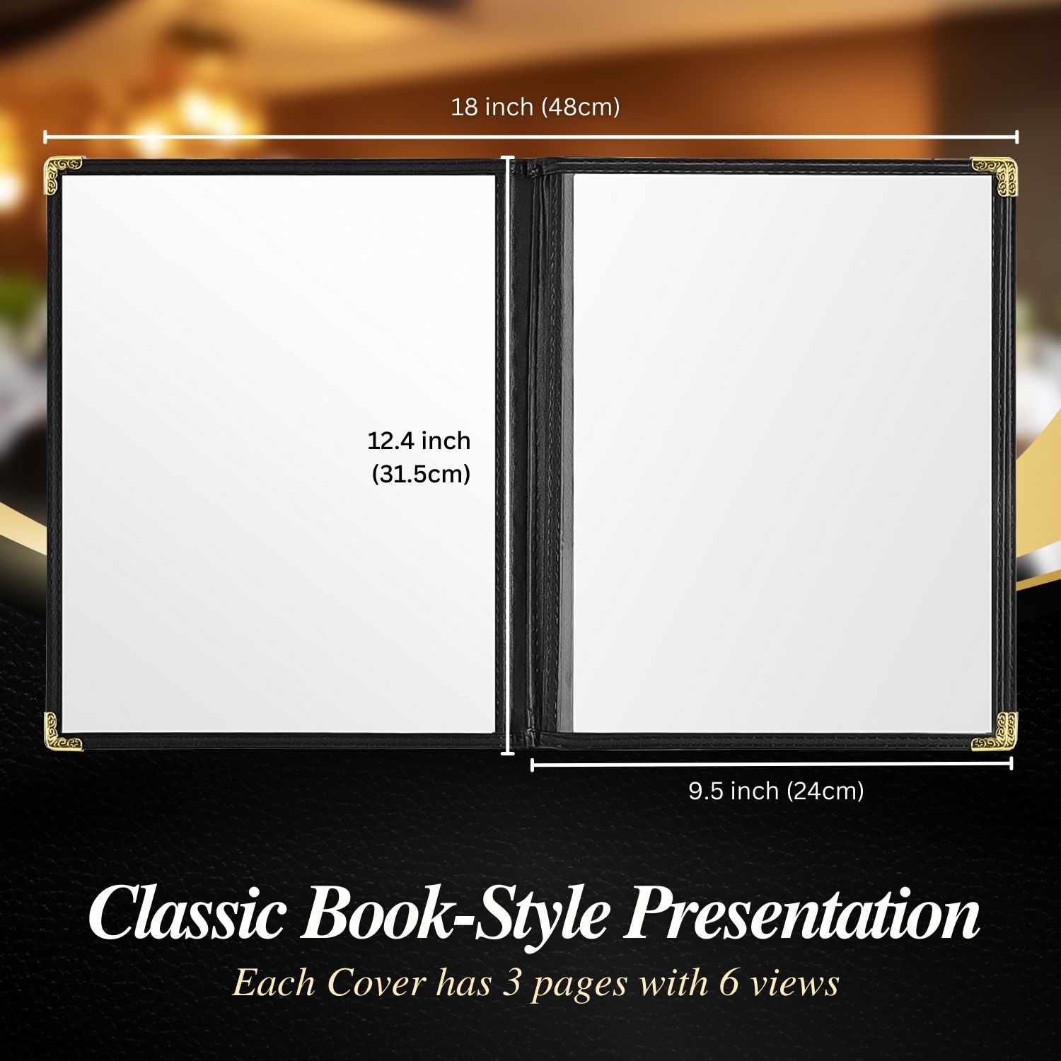 Flexzion Restaurant Menu Covers 8.5 x 11 Inch (1 Pack) - Book Style Bar Menu Holder with 3 Page 6 View - Transparent Clear Menu Book Covers with Gold Metal Corner  for Restaurant, Hotel, Cafe