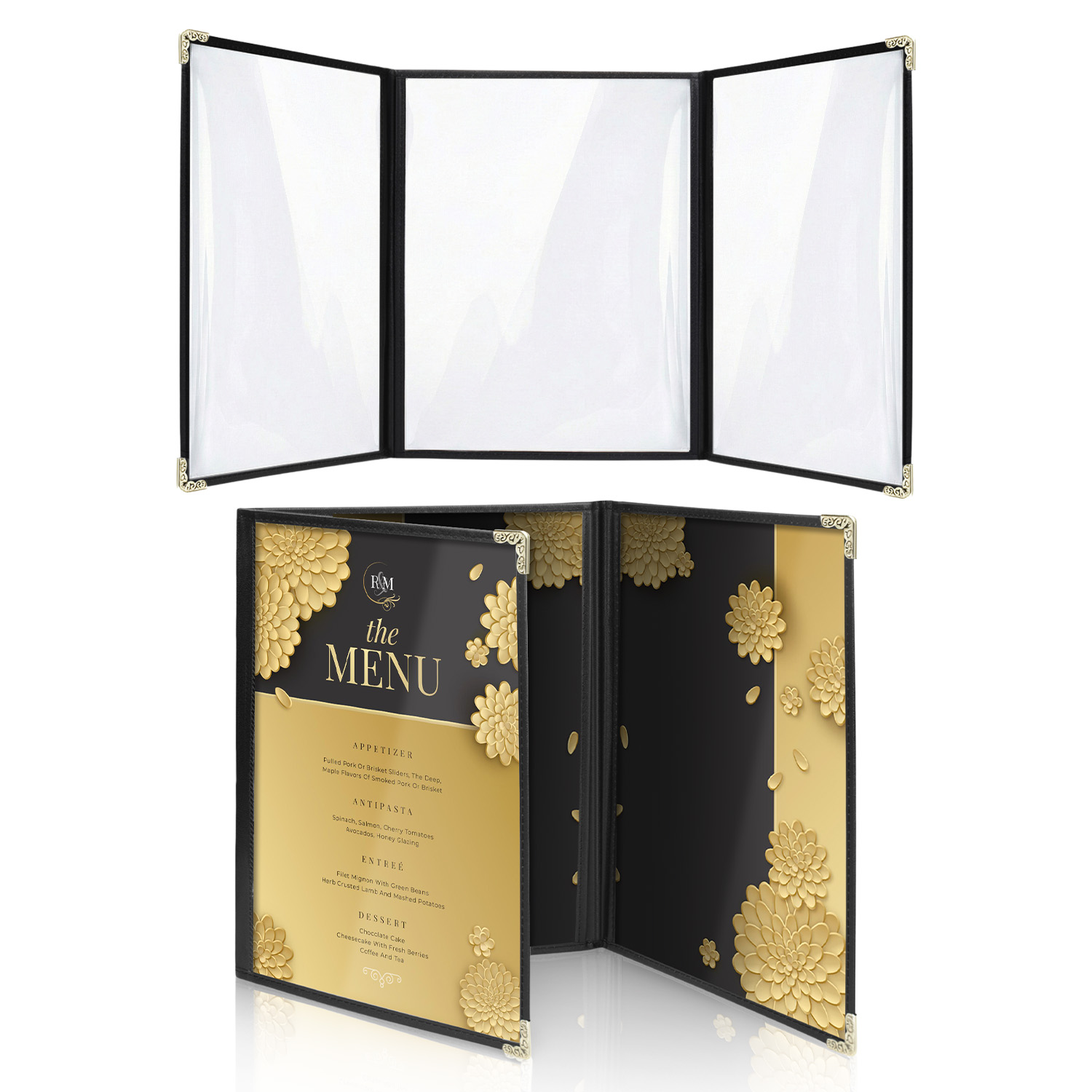 Flexzion Trifold Menu Covers 8.5 x 11 Inch (2 Pack) - Triple Stitched Menu Holder with 3 Pages 6 Views  - Transparent Clear Menu Book Covers with Gold Metal Corner for Restaurant, Hotel, Cafe