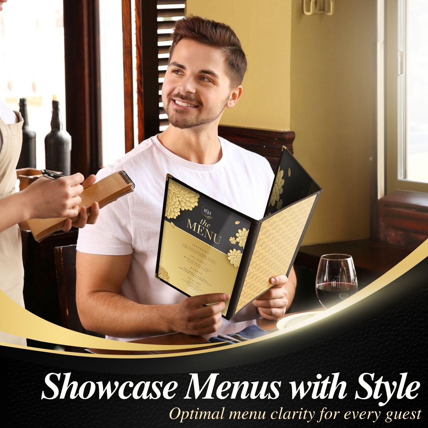 Flexzion Trifold Menu Covers 8.5 x 11 Inch (2 Pack) - Triple Stitched Menu Holder with 3 Pages 6 Views  - Transparent Clear Menu Book Covers with Gold Metal Corner for Restaurant, Hotel, Cafe