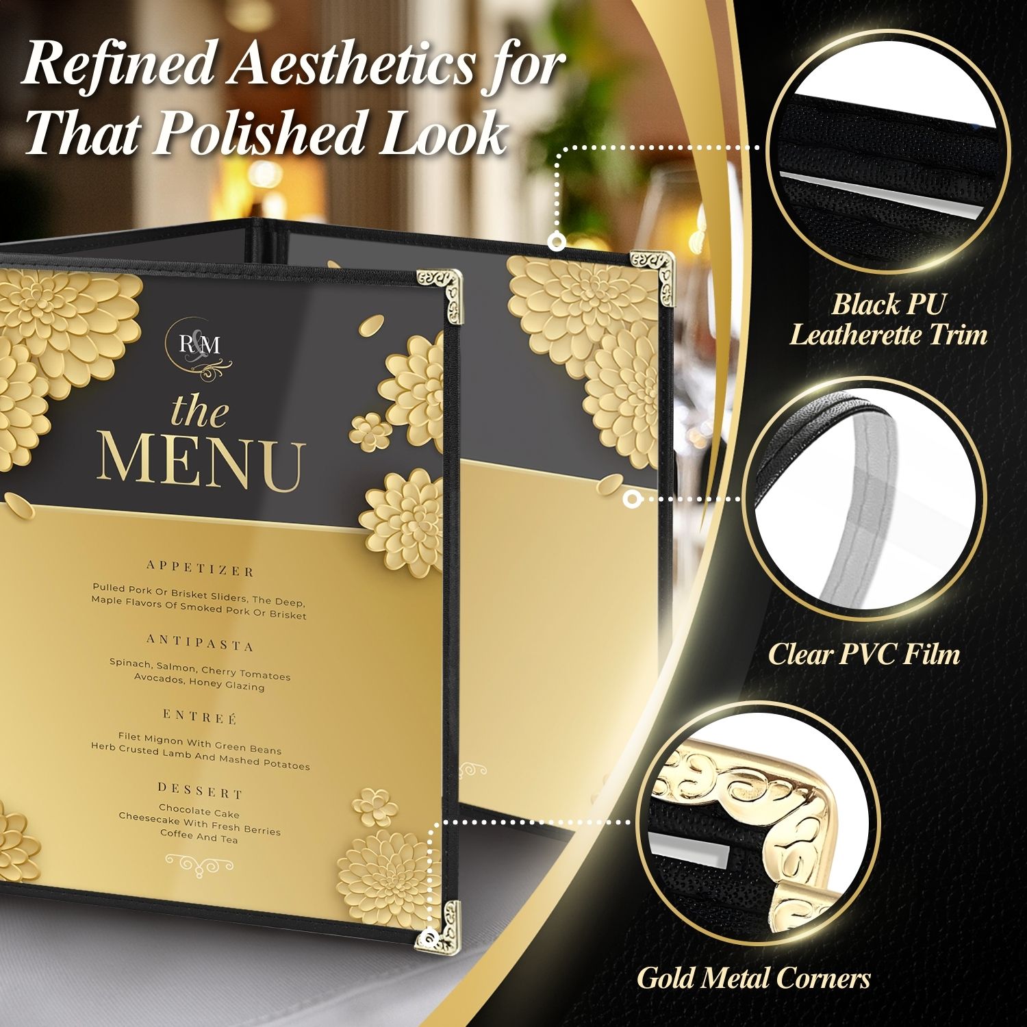 Flexzion Trifold Menu Covers 8.5 x 11 Inch (2 Pack) - Triple Stitched Menu Holder with 3 Pages 6 Views  - Transparent Clear Menu Book Covers with Gold Metal Corner for Restaurant, Hotel, Cafe