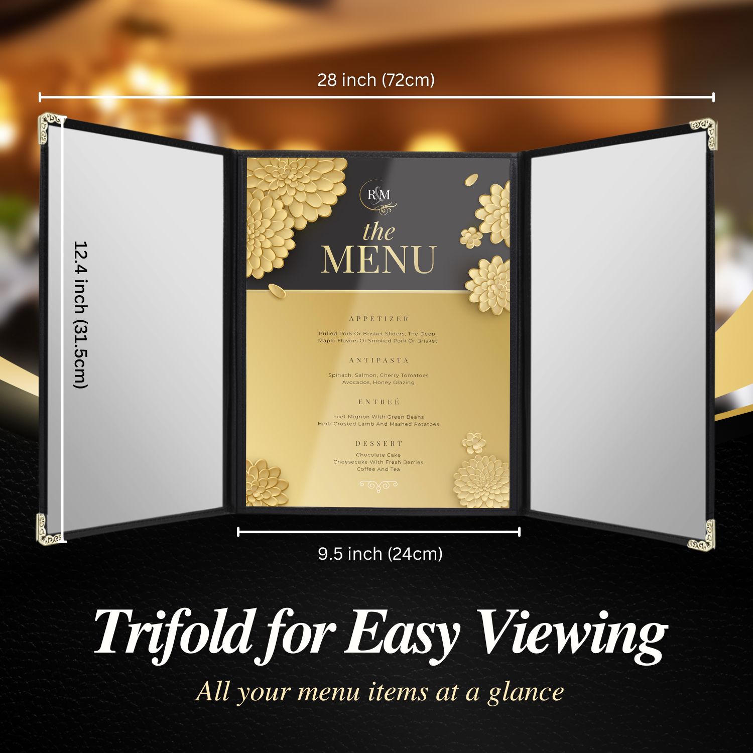 Flexzion Trifold Menu Covers 8.5 x 11 Inch (2 Pack) - Triple Stitched Menu Holder with 3 Pages 6 Views  - Transparent Clear Menu Book Covers with Gold Metal Corner for Restaurant, Hotel, Cafe