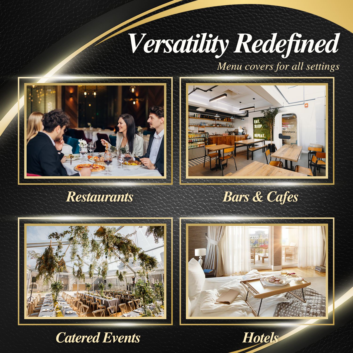 Flexzion Trifold Menu Covers 8.5 x 11 Inch (2 Pack) - Triple Stitched Menu Holder with 3 Pages 6 Views  - Transparent Clear Menu Book Covers with Gold Metal Corner for Restaurant, Hotel, Cafe
