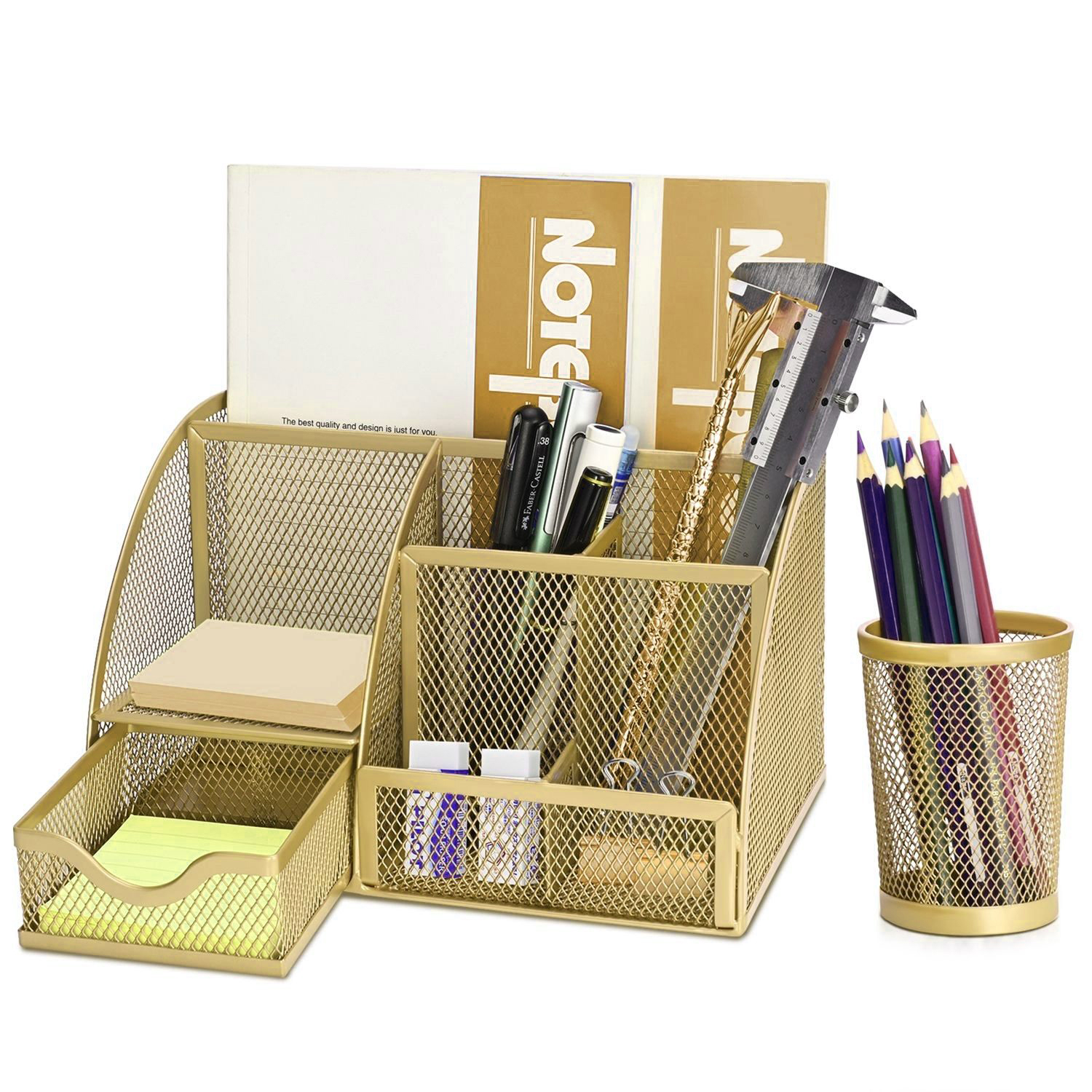 Desk Organizer Office Supplies Accessories Desktop Tabletop 6-Compartment Sorter Caddy Set - Metal Mesh with Drawer and Pen Holder Cup (Rose Gold)