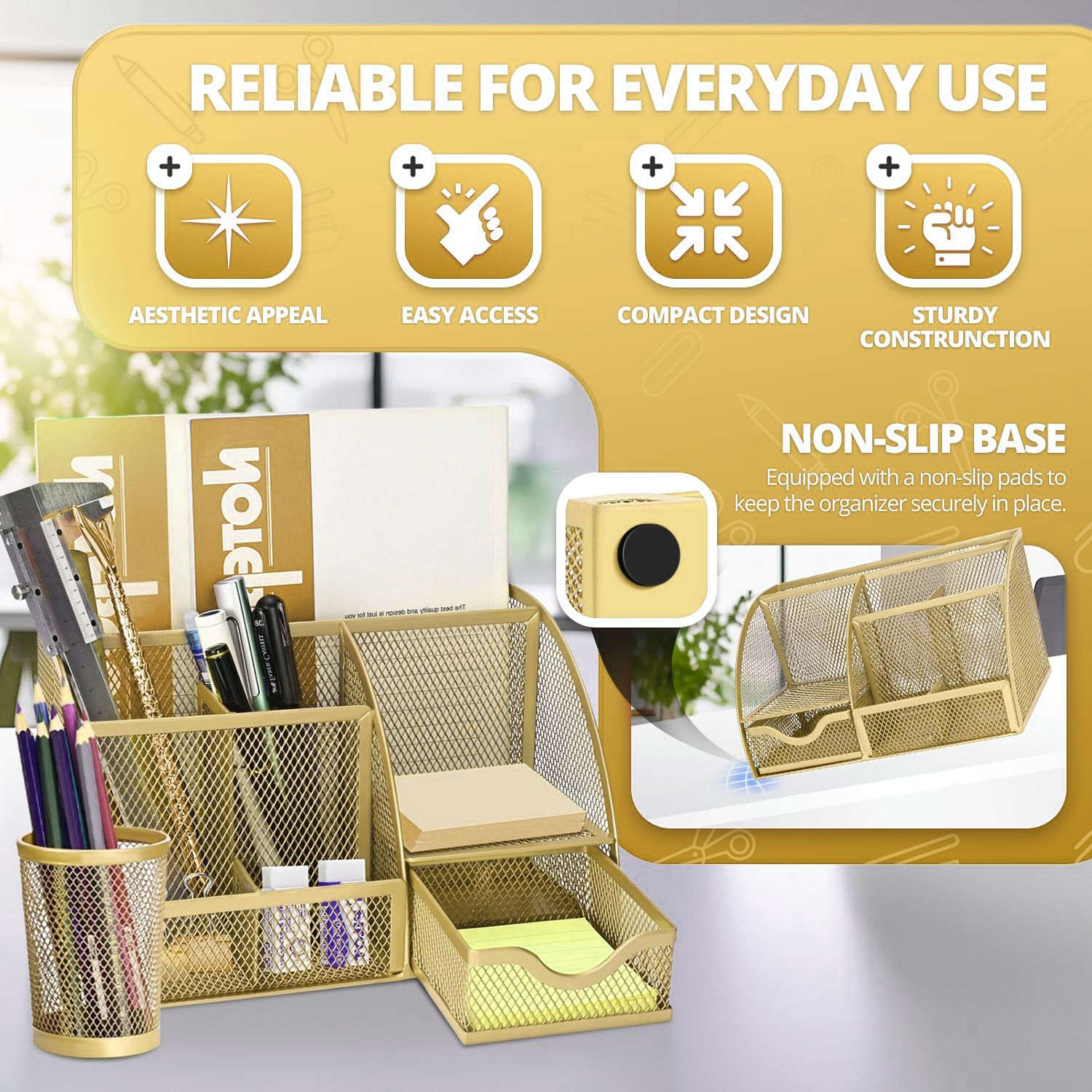 Unleash Your Productivity: Our desk organizer set has 6 compartments, a drawer, and a pencil or pen holder. Our office desk organizer allows you to keep your essentials within reach for seamless work and sky-high productivity