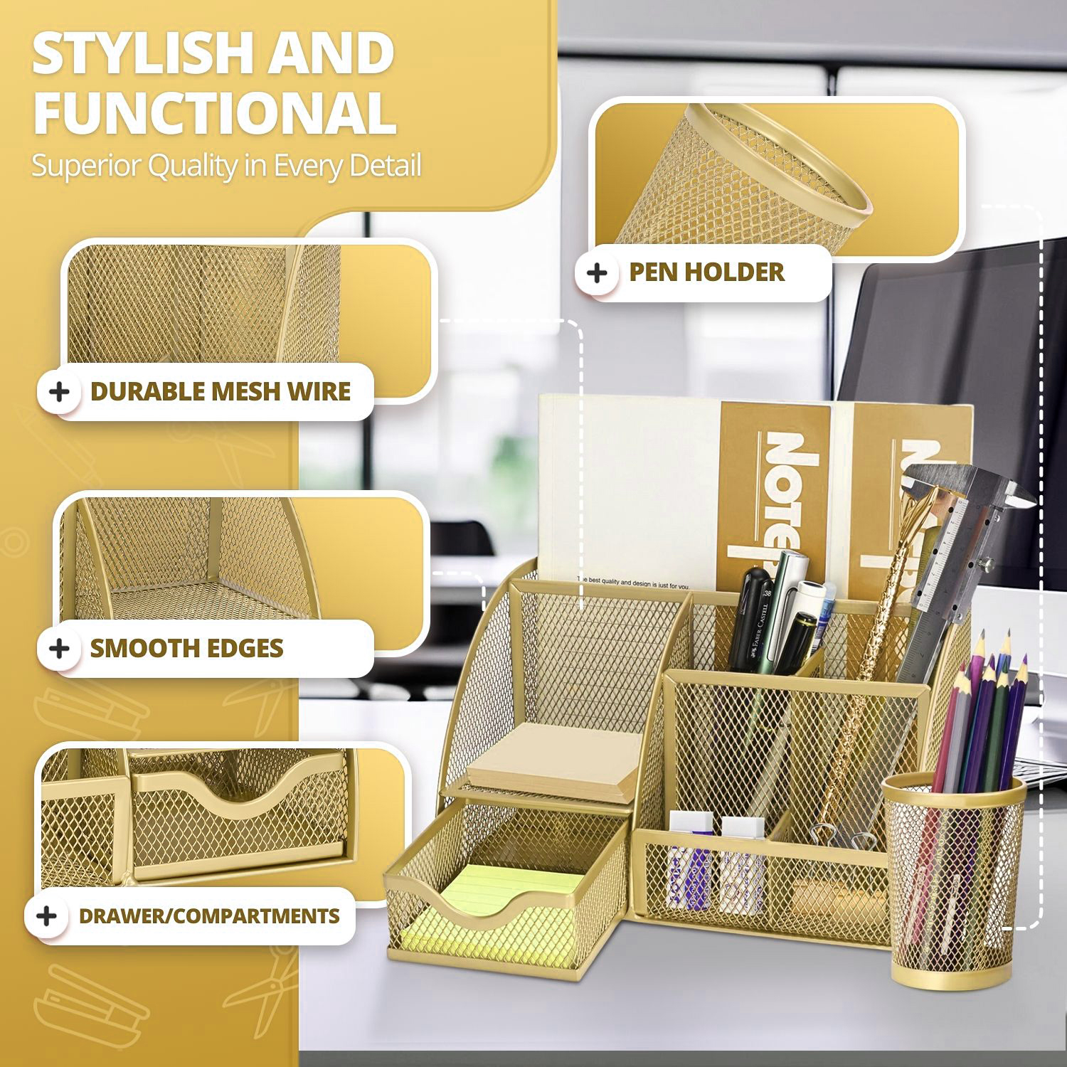 Built for the Long Haul: Our desk caddy with drawers is crafted with robust metal mesh and offers unmatched durability, built to resist daily use's wear and tear