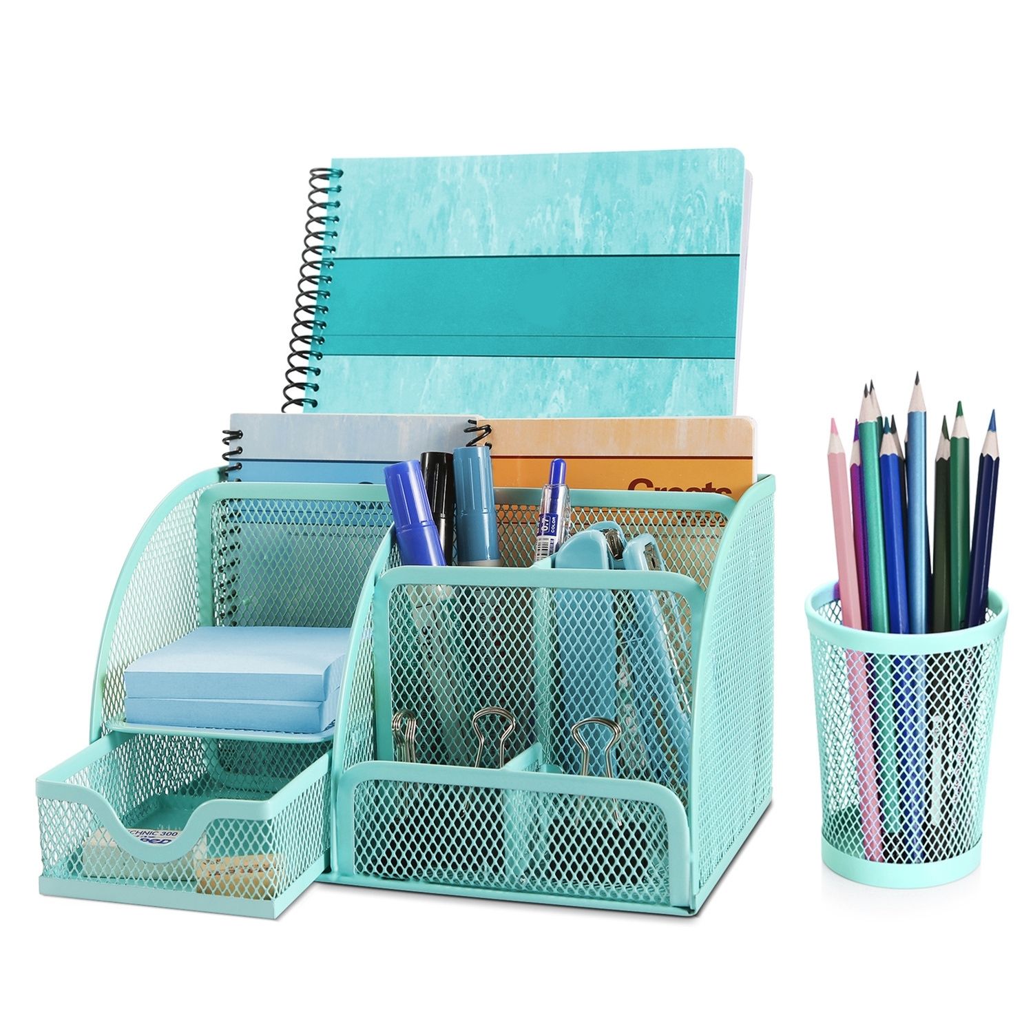 Desk Organizer Office Supplies Accessories Desktop Tabletop Sorter Shelf Pencil Holder Caddy Set - Metal Mesh with Drawer and 6 Compartments (Turquoise Aqua Blue)