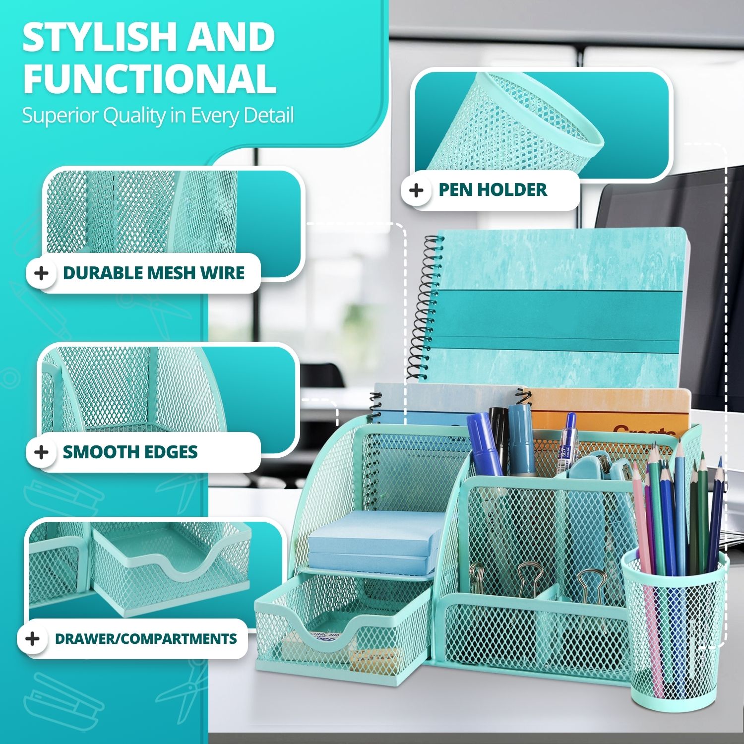 Built for the Long Haul: Our desk caddy with drawers is crafted with robust metal mesh and offers unmatched durability, built to resist daily use's wear and tear