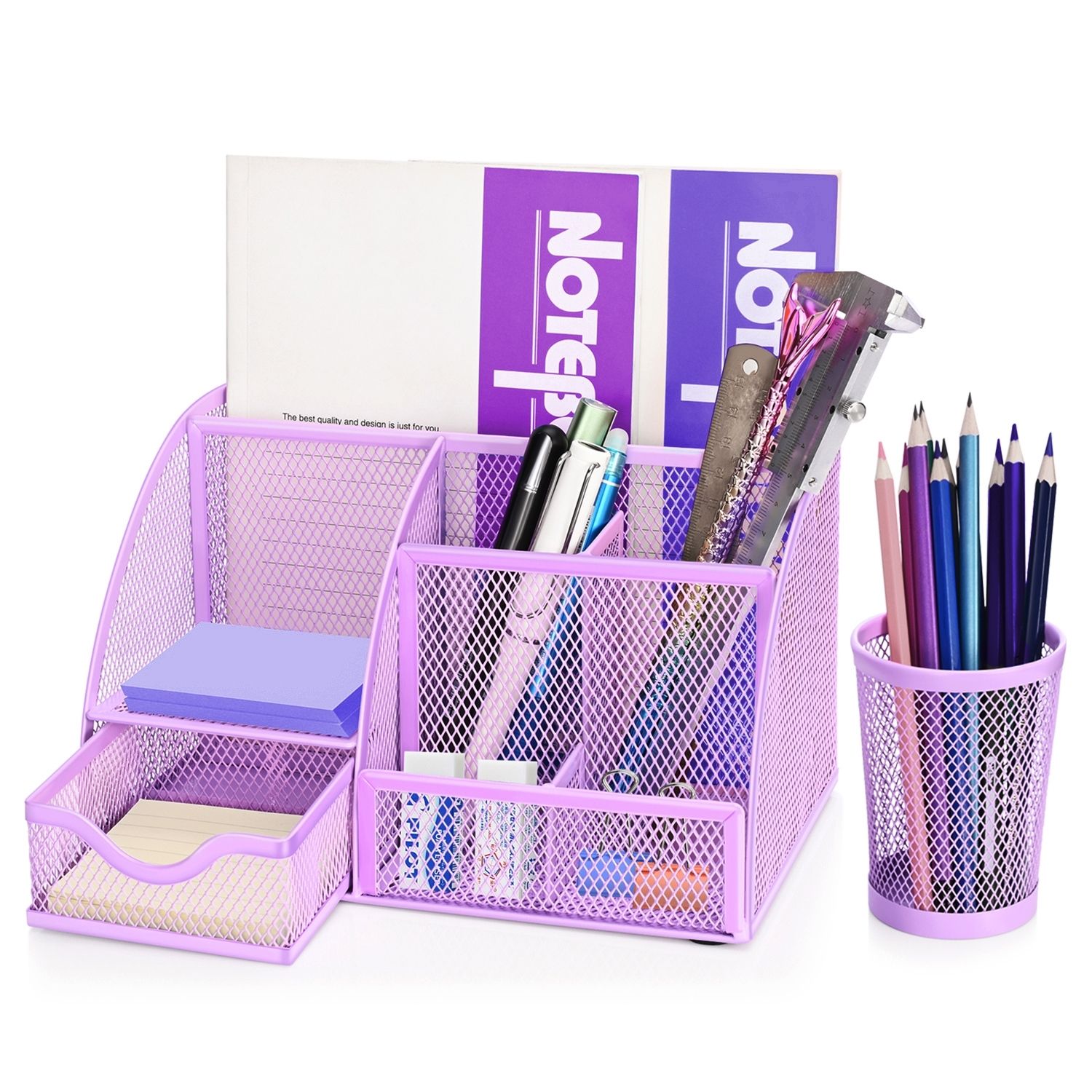 Desk Organizer Office Supplies Accessories Desktop Tabletop 6-Compartment Sorter Caddy Set - Metal Mesh with Drawer and Pen Holder Cup (Purple)