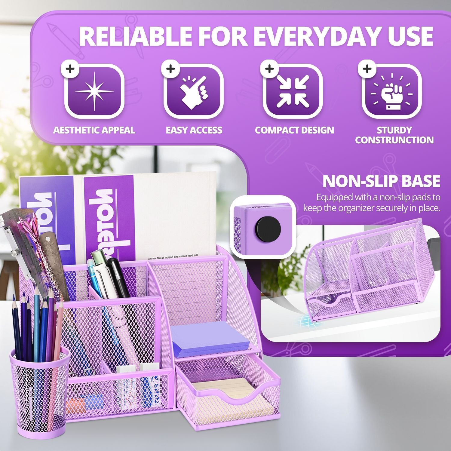 Unleash Your Productivity: Our desk organizer set has 6 compartments, a drawer, and a pencil or pen holder. Our office desk organizer allows you to keep your essentials within reach for seamless work and sky-high productivity