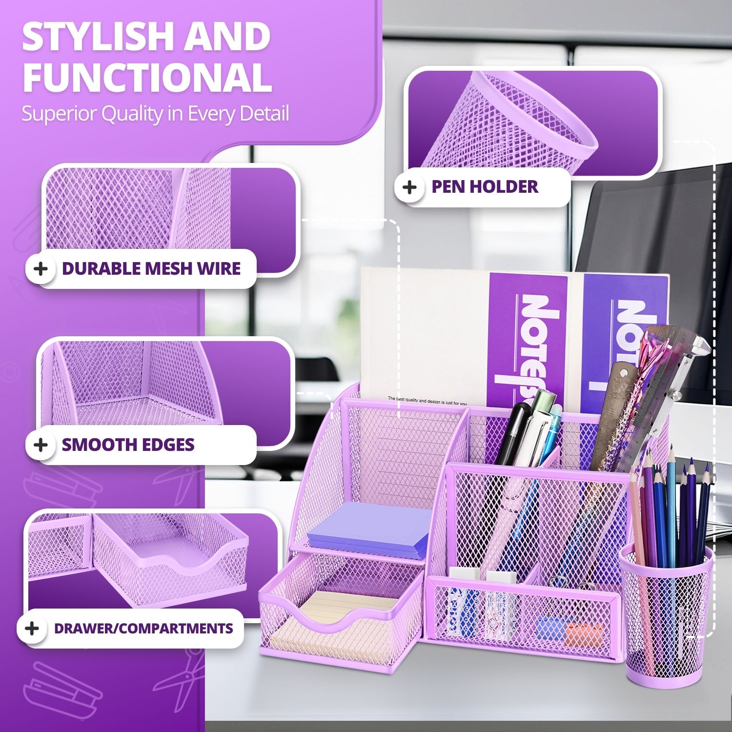 Built for the Long Haul: Our desk caddy with drawers is crafted with robust metal mesh and offers unmatched durability, built to resist daily use's wear and tear