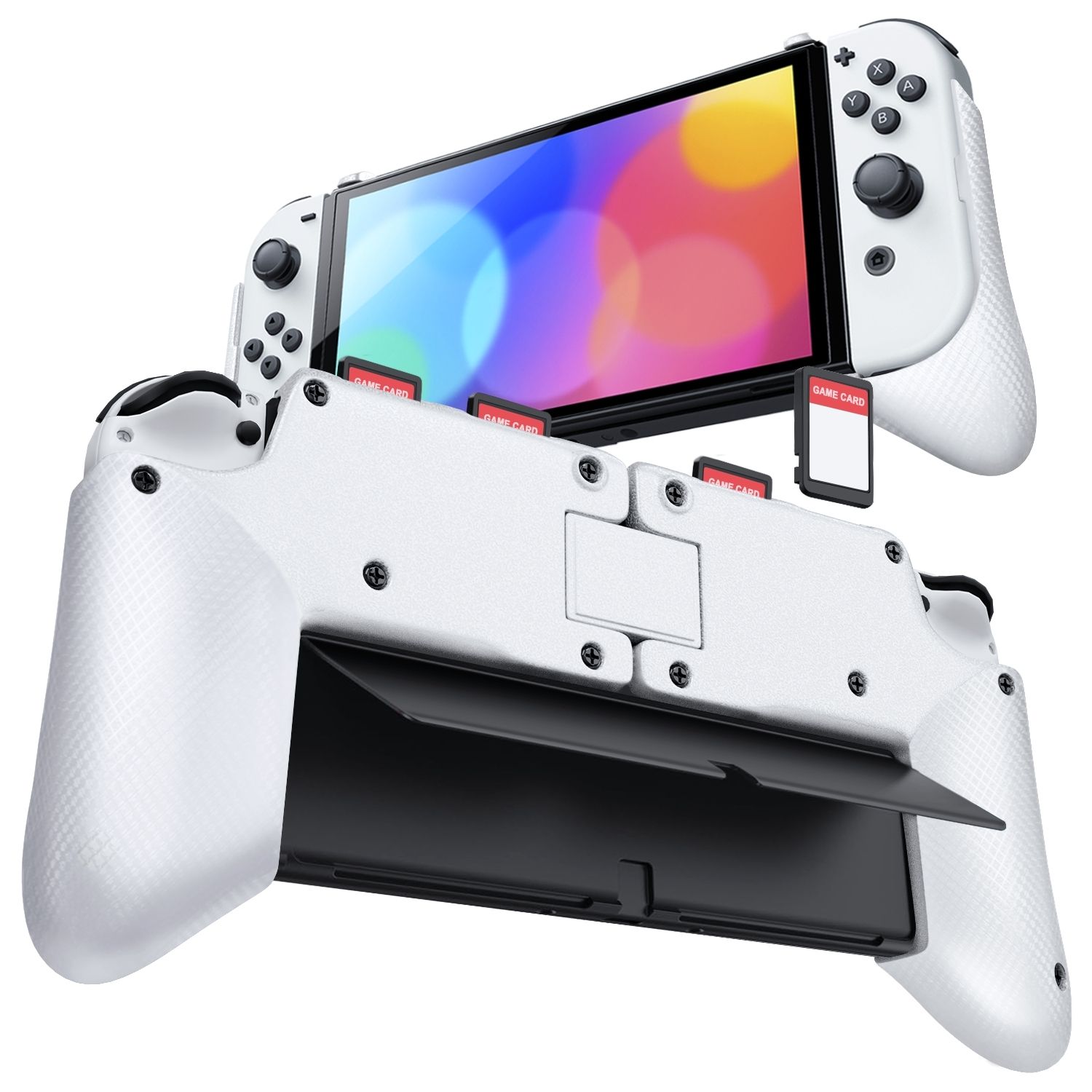 TNP Grip Case for Nintendo Switch OLED - Foldable Ergonomic Switch Grip with Slim, Lightweight, Comfortable Handle & 4 Game Card Slots Compatible with N-Switch OLED Model(2021) ONLY, White