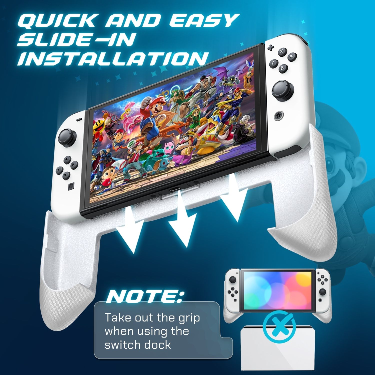 Ergonomic & Comfortable: This ergonomic grip for Switch Oled is crafted with an ergonomic shape. It offers a natural, comfortable hold, reducing hand strain and fatigue during long gaming sessions. The anti-slip texture ensures a secure grip, even in intense gameplay