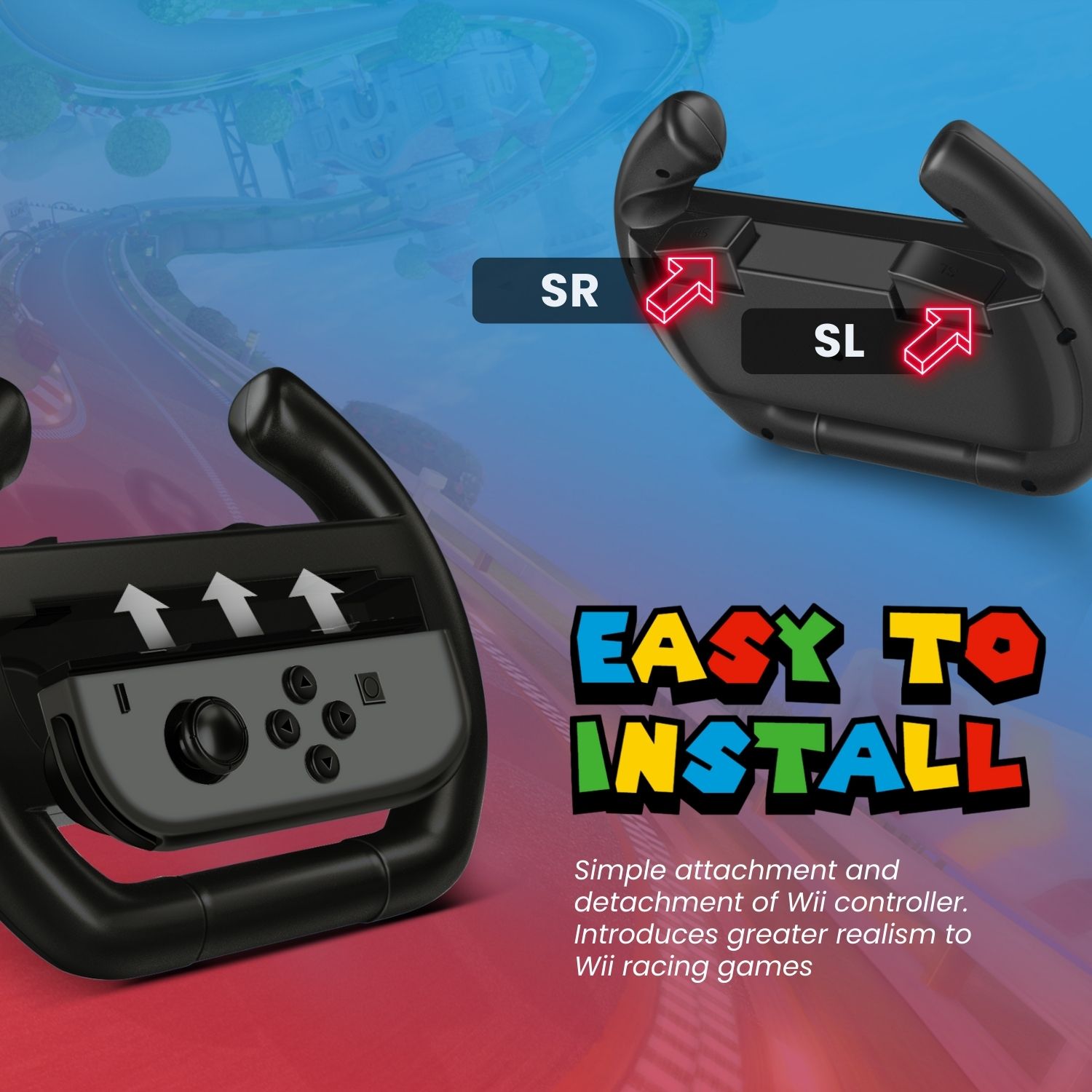 Simply slide your joy-con controller into the steering wheel attachment and add more fun gaming experience for all racing games on the Nintendo Switch