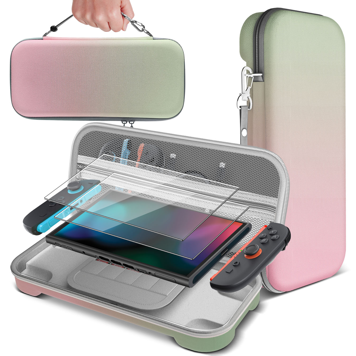 TNP 3 in 1 Accessories Set for Nintendo Switch 2 Carrying Case -  Hard Shell EVA Carry Case with 10 Game Card Slot, 2 Pack Screen Protector and Protective Clear Case, Pink and Green