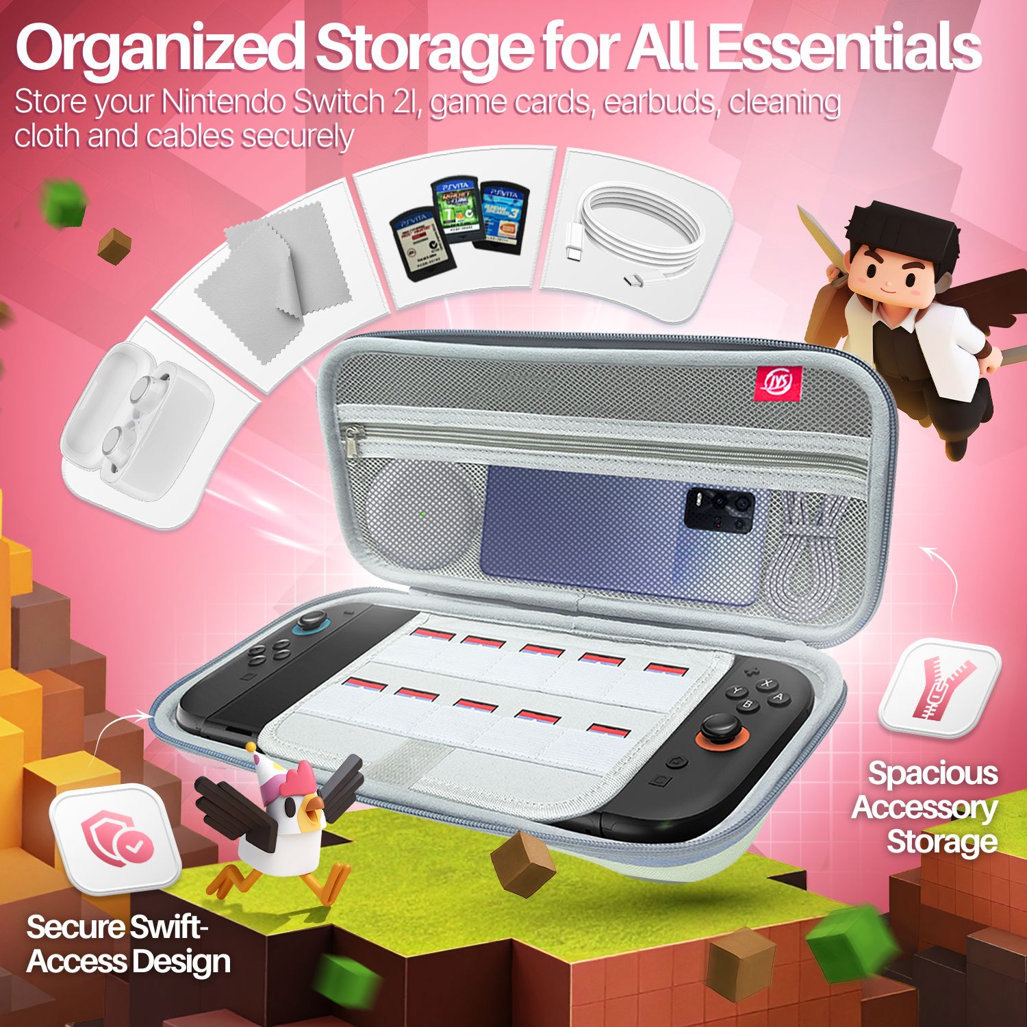 TNP 3 in 1 Accessories Set for Nintendo Switch 2 Carrying Case -  Hard Shell EVA Carry Case with 10 Game Card Slot, 2 Pack Screen Protector and Protective Clear Case, Pink and Green