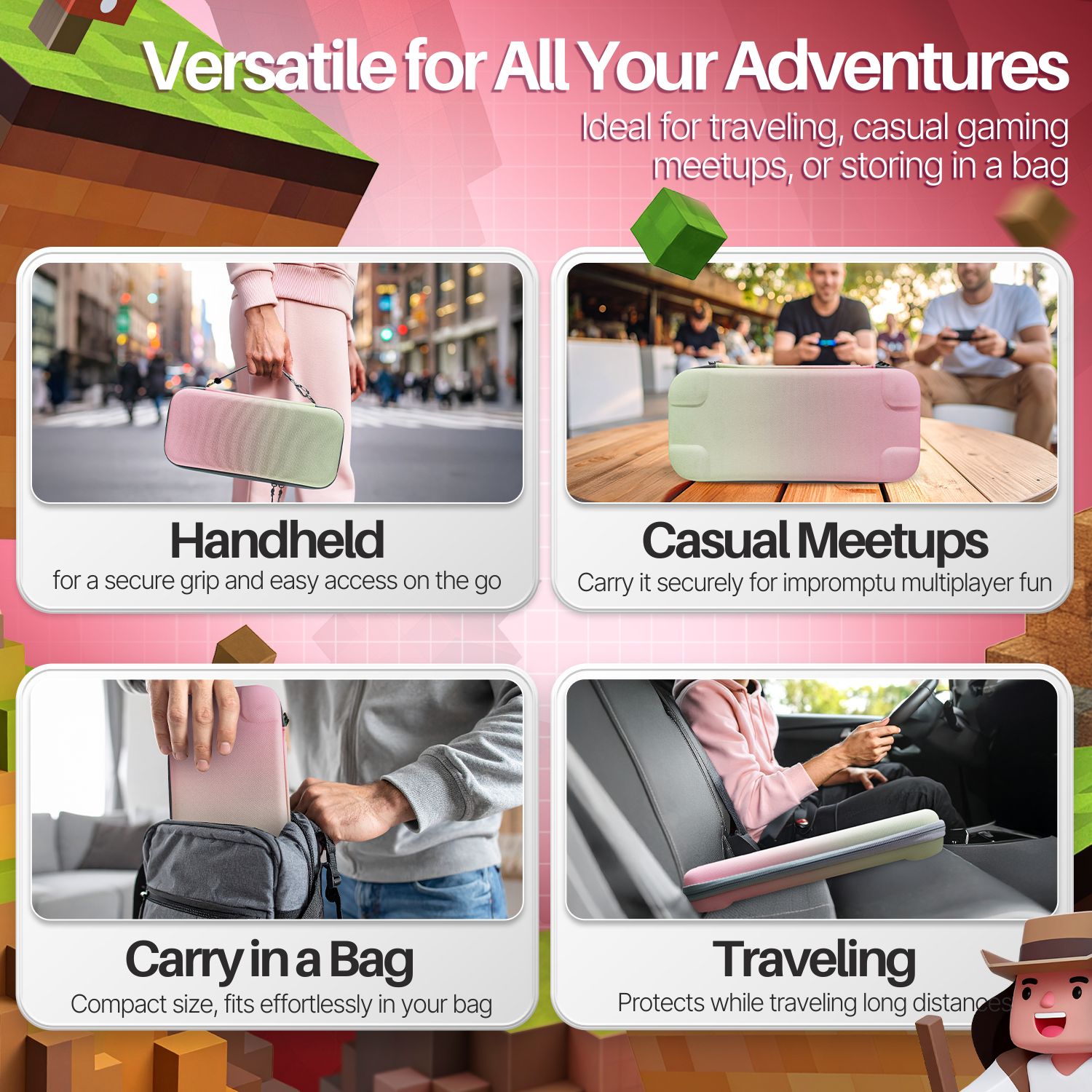 TNP 3 in 1 Accessories Set for Nintendo Switch 2 Carrying Case -  Hard Shell EVA Carry Case with 10 Game Card Slot, 2 Pack Screen Protector and Protective Clear Case, Pink and Green